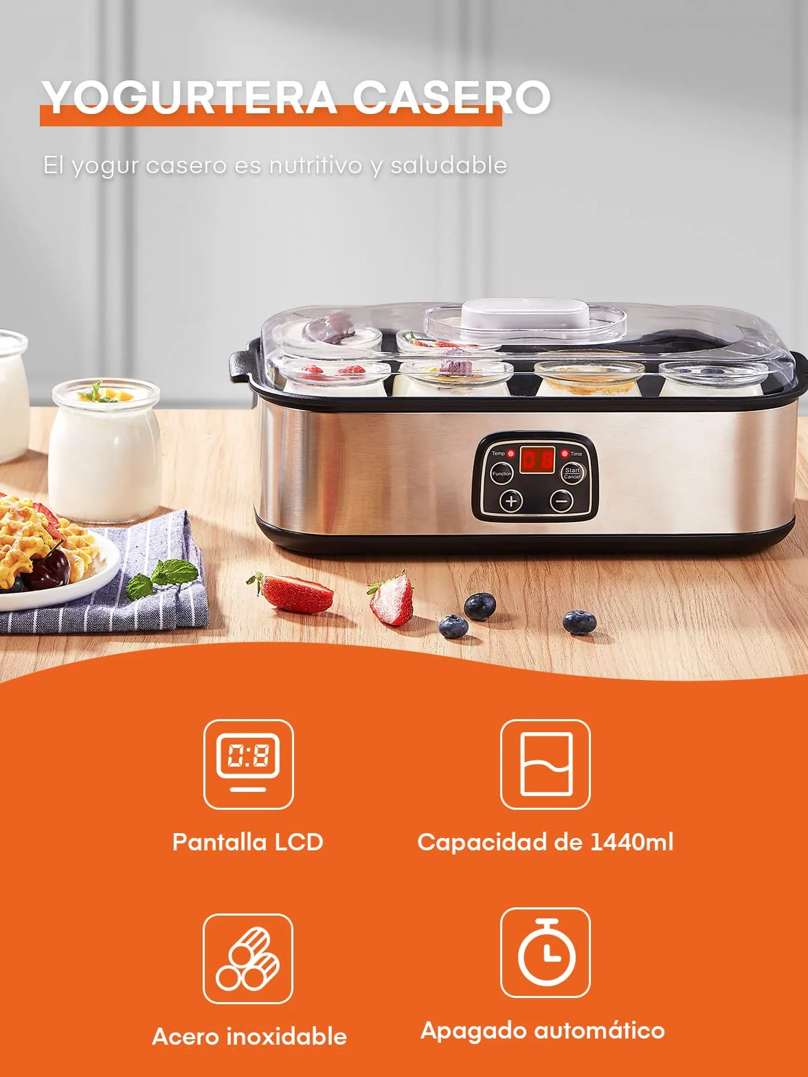 Yogurtera eléctrica con 8 vasos y tapas, Máquina de yogur griega, LCD pantalla ajustable, sin BPA