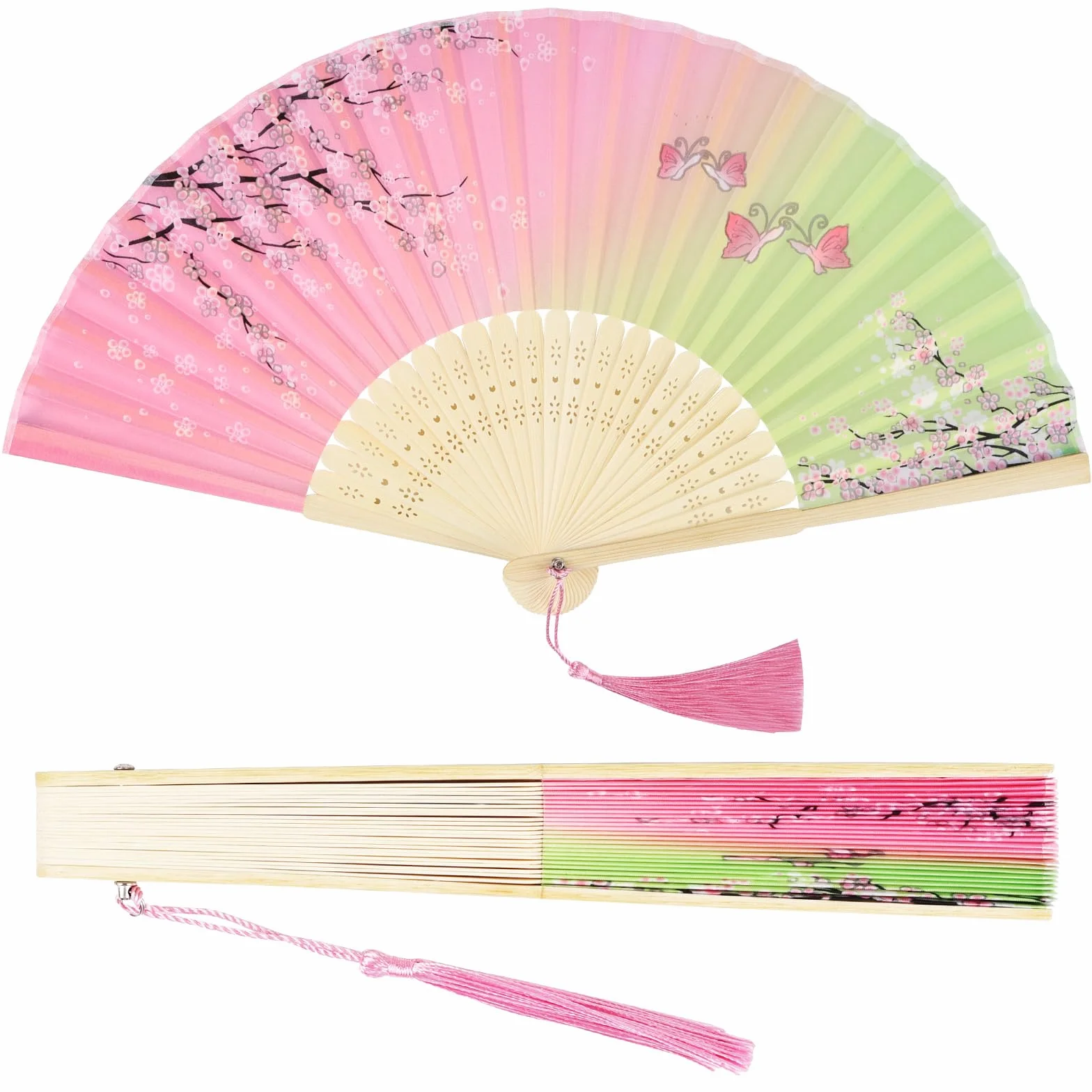 Abanico de bambú plegable chino con borla verde rosa