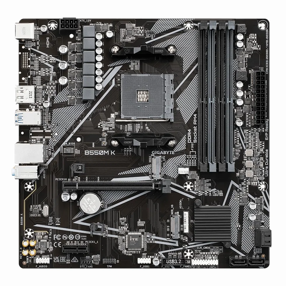 GIGABYTE B550M K Placa Base - Procesadores AMD Ryzen 5000, hasta 4733 MHz DDR4, 1xPCIe 4.0 + 1xPCIe 3.0 M.2, LAN 1GbE, USB 3.2 Gen 1