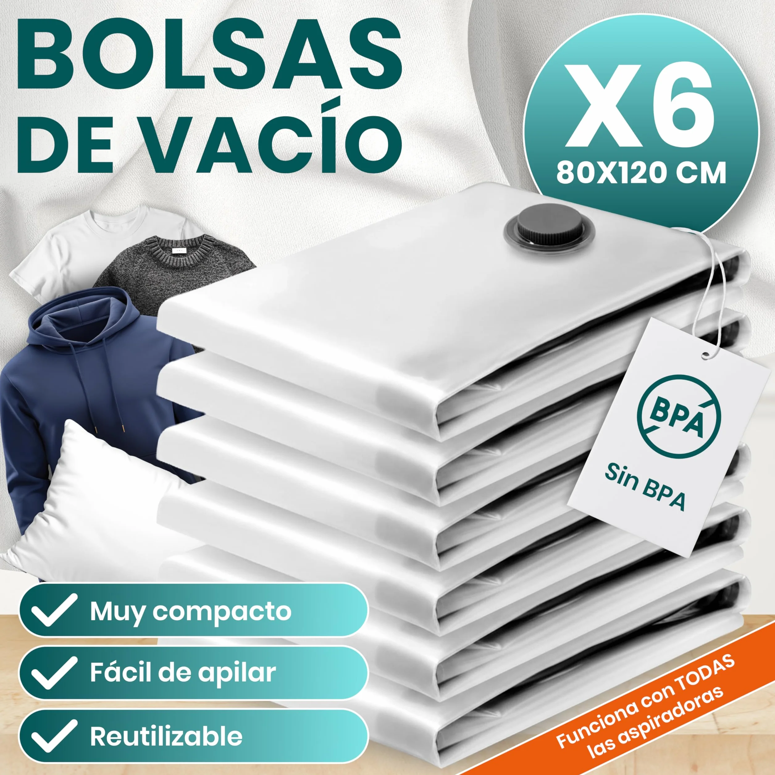 Bolsas al Vacío Extra Grandes myHodo 6 Piezas Jumbo 80x120cm Reutilizables para Edredones y Textiles