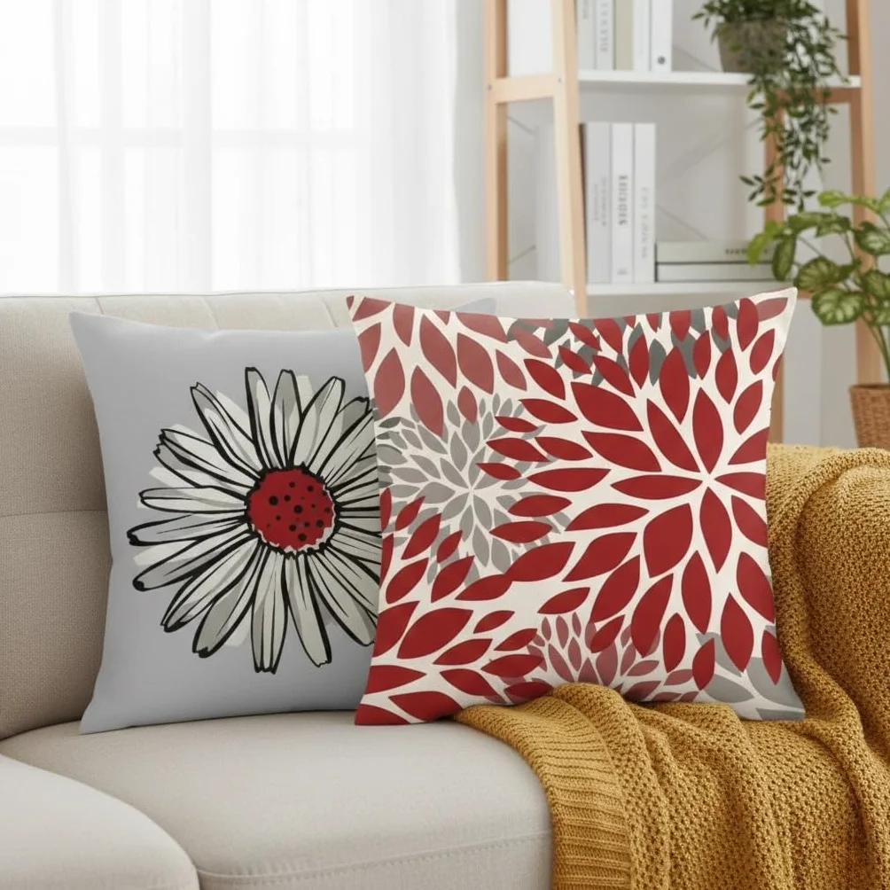 Fundas de Cojín 45x45 cm Lino Natural Blanco Diseño Margaritas Gris Rojo Transpirables Resistentes para Sofá