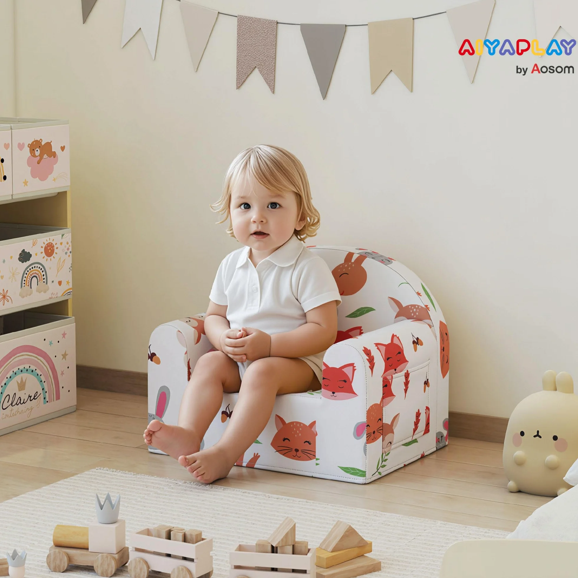 AIYAPLAY Sillón Infantil con Estampado de Zorros, Sofá para Niños 18-36 Meses, Funda Extraíble y Lavable, Carga 45 kg, Blanco