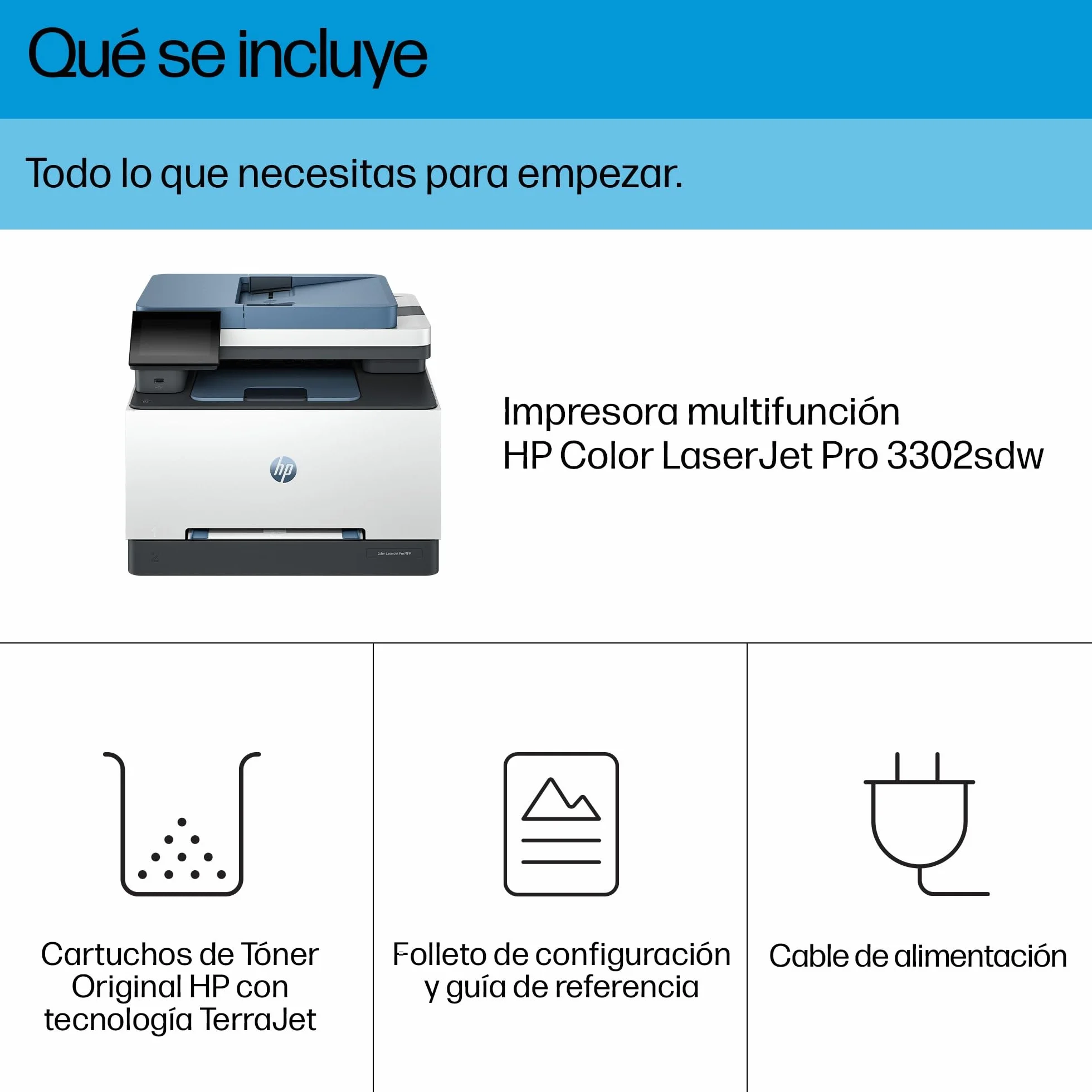 HP Color LaserJet Pro 3302sdw Impresora Láser A4 Multifunción Doble Cara Automática, Escáner, Copiadora 25ppm Wi-Fi Direct Blanca y Azul