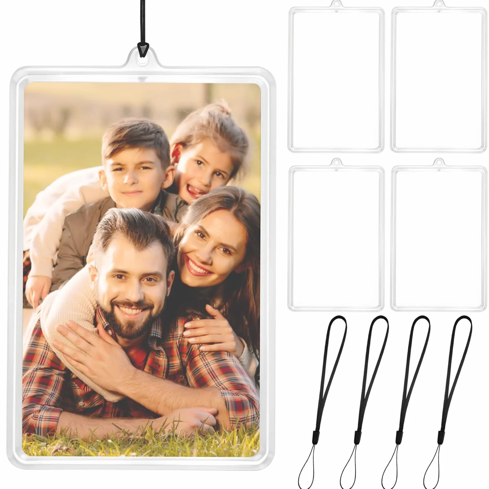 HINGTAI Marco de fotos para coche con 4 tarjeteros transparentes y cuerda negra, adorno personalizado para espejo retrovisor
