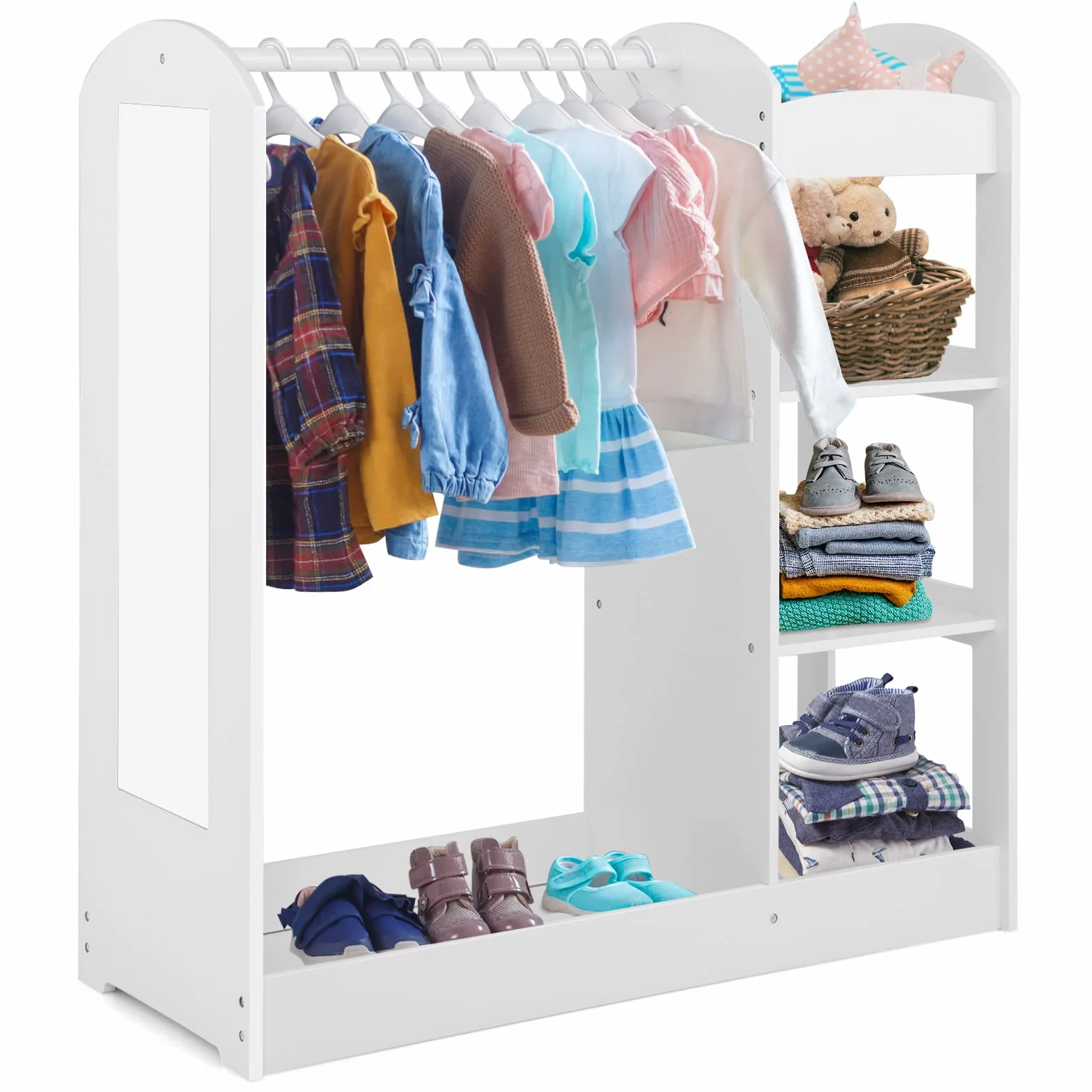 COSTWAY Armario de Almacenamiento para Niños con Espejo, Perchero de Ropa, Armario de Madera para Niños, Muebles Organizadores de Juguetes y Disfraces para Niños Pequeños (Blanco)