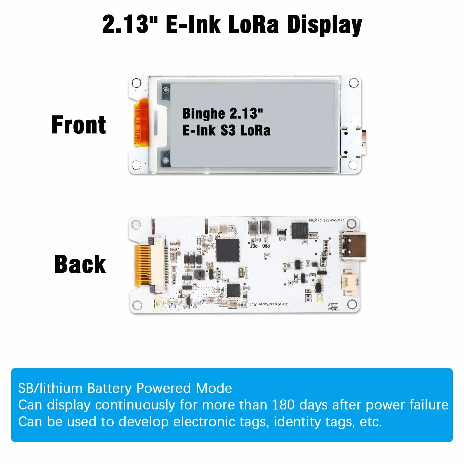 2.13" E-Ink Lora Display Binghe 2.13" E-Ink Lora Display con ESP32-S3 Lora Placa de Desarrollo con Placa acrílica/Cable de batería/Antena Soporte WIFILORA Bluetooth Compatible con Arduino