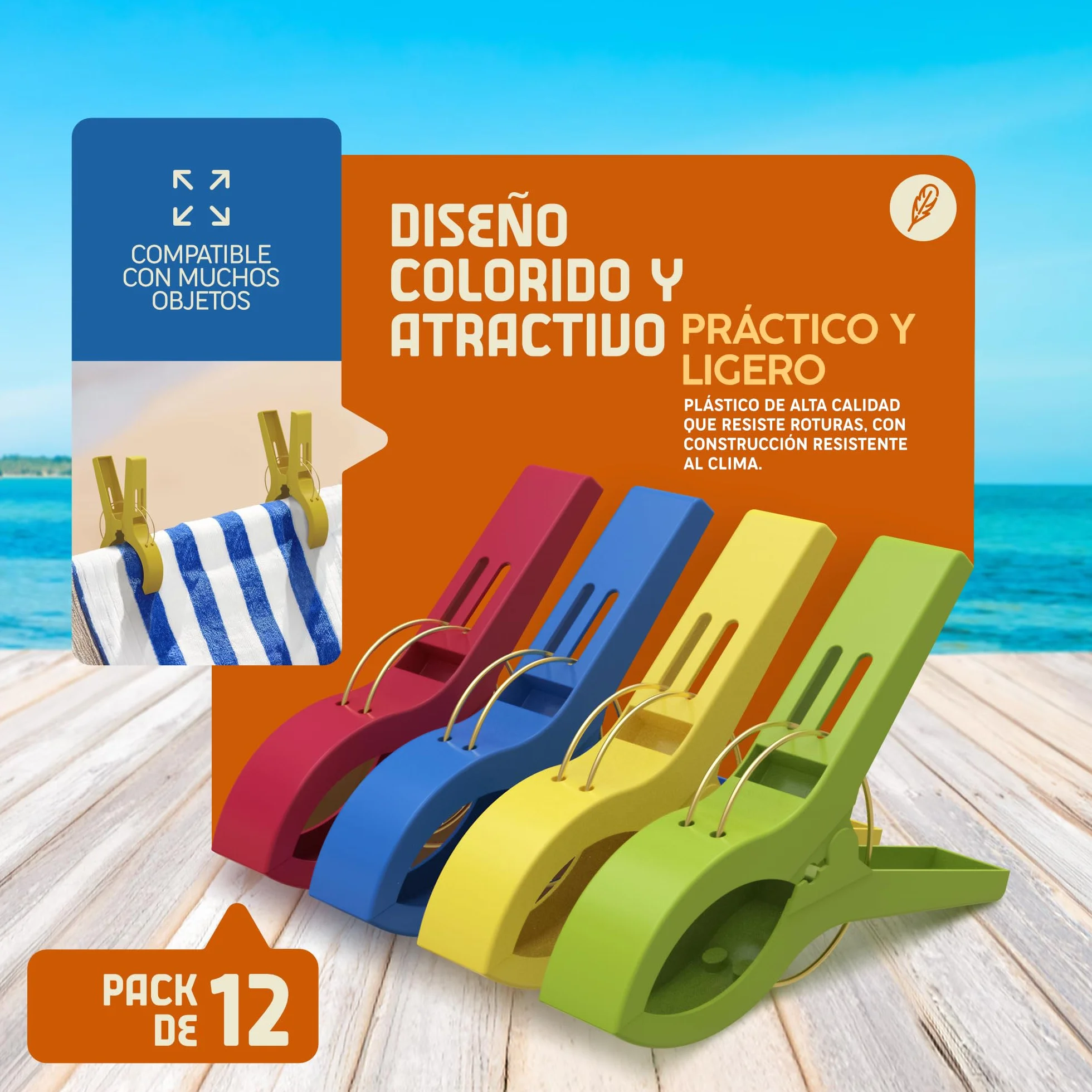 PORTENTUM Pinzas para Toalla de Playa, Set de 12, Multicolor, 12 x 8.5 x 2.1 cm