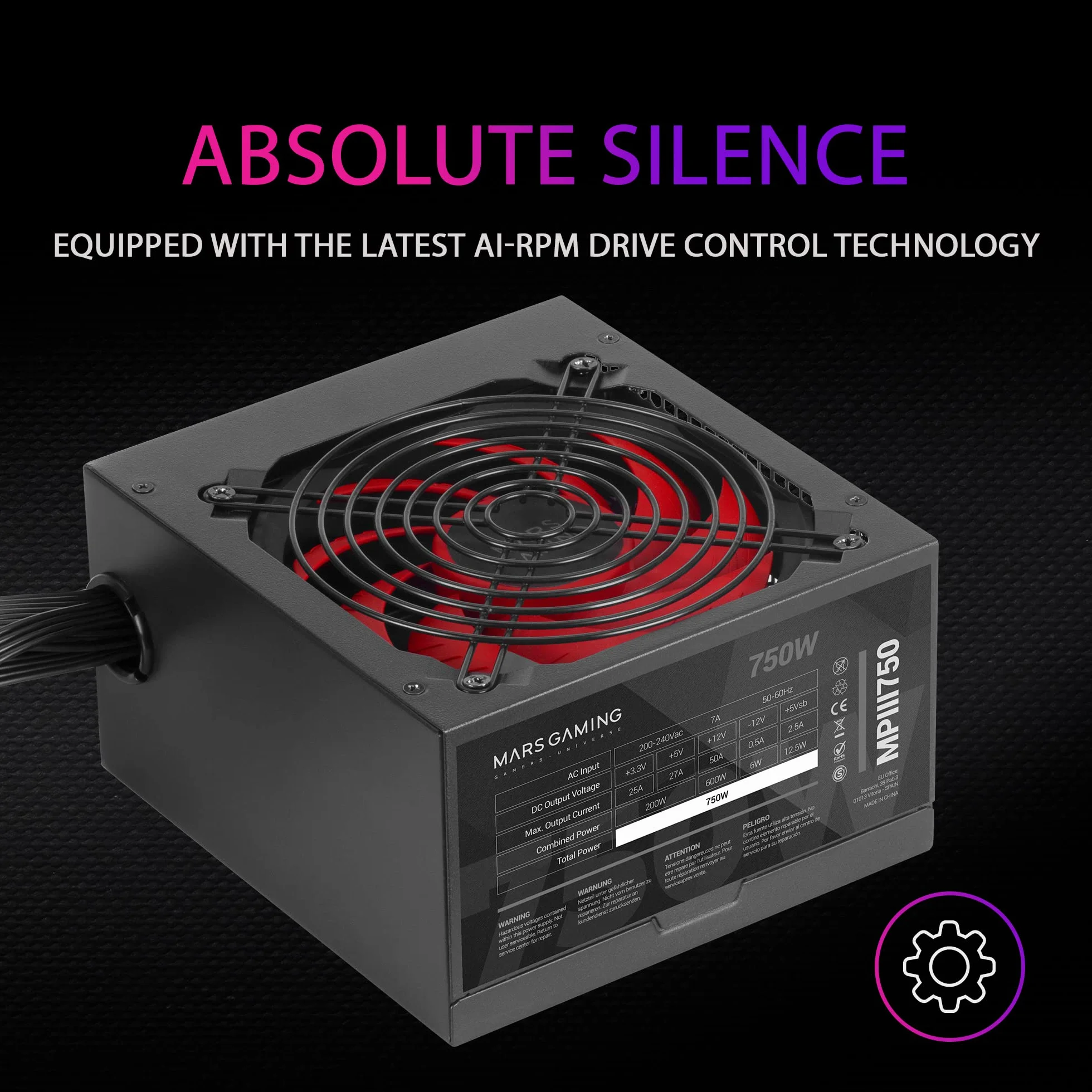 Mars Gaming MPIII750, Fuente Alimentación ATX 750W, 5 Años de Garantía, 85% Eficiencia, Sistema Digital APFC, Ventilador FDB 120mm AI-RPM, Tecnologías DC-DC y SMD, Cables Planos Extralargos, Negro