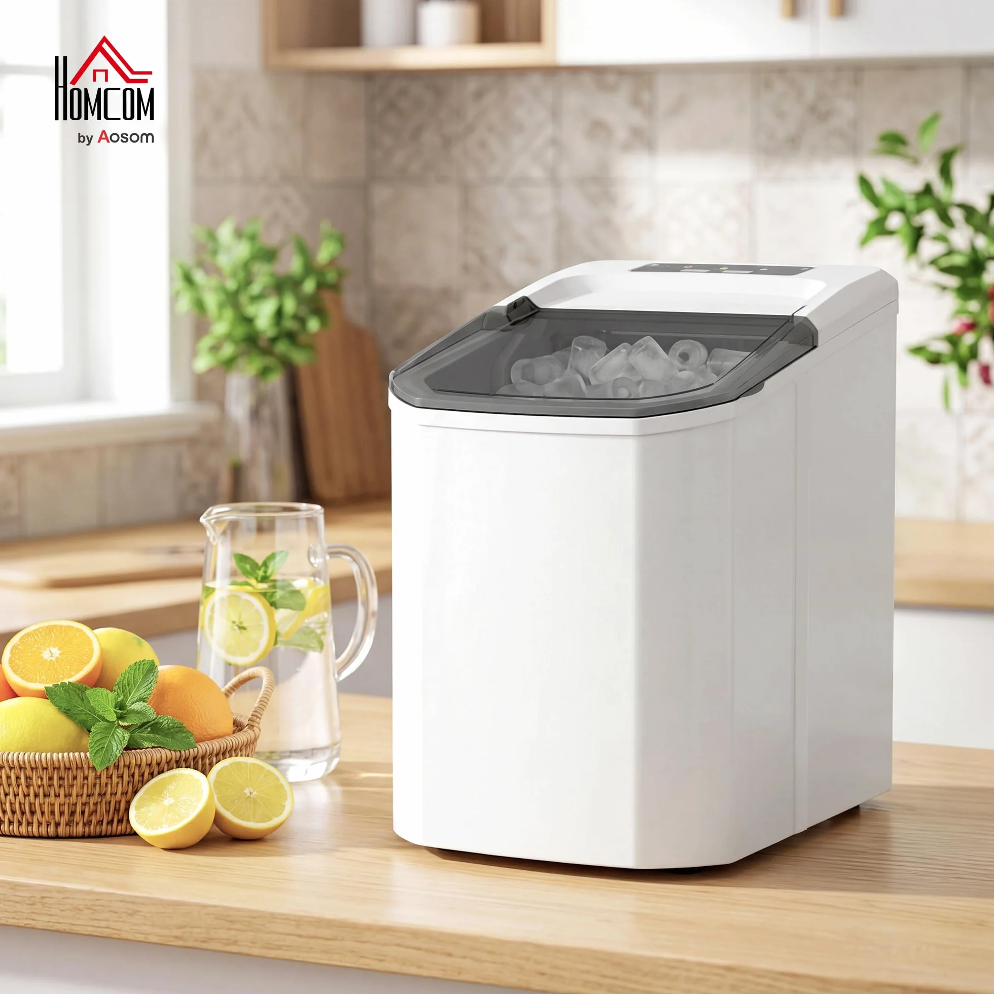 HOMCOM Máquina de Hielo Autolimpiable 12 kg/24H 9 Cubitos en 7 Min 2 Tamaños 1,5L Depósito Blanco