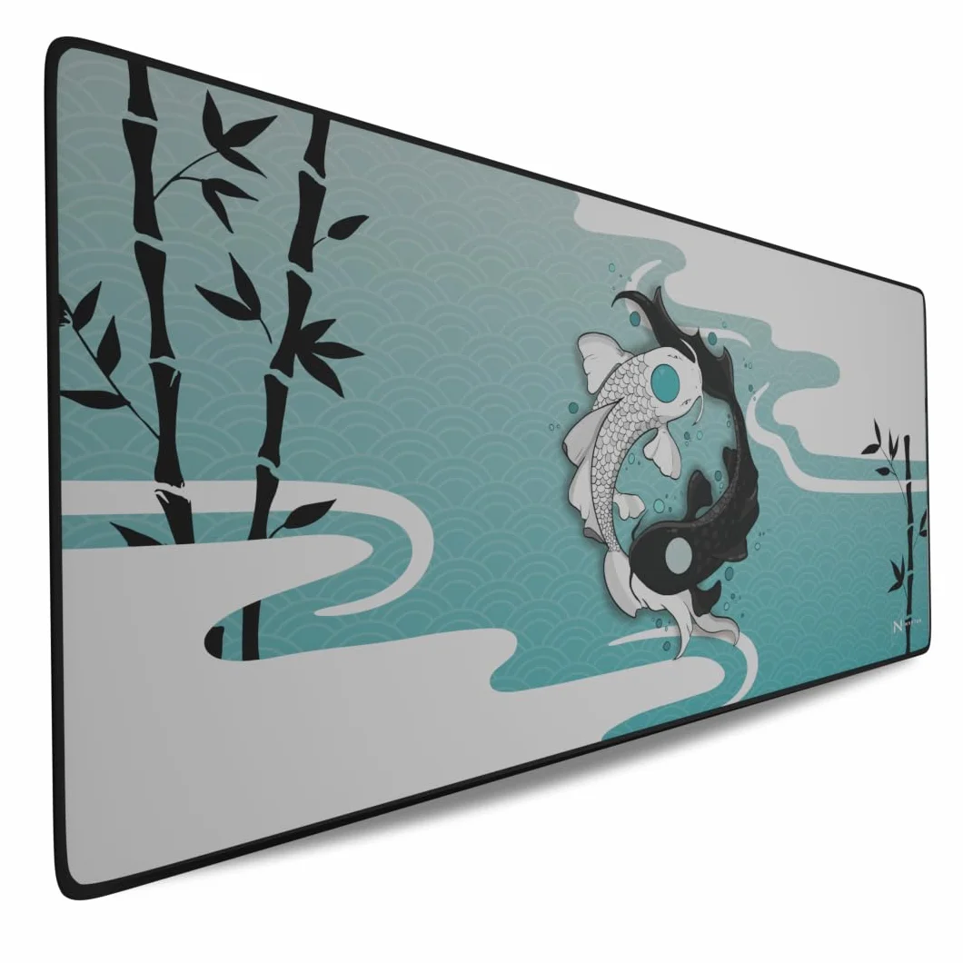 Nyfter - Alfombrilla de ratón XXXL Koi Bamboo para videojuegos, 1200 x 600 x 3 mm, 3XL, alfombrilla de ratón para gaming, de gran tamaño, impermeable, para jugadores profesionales (azul y blanco)