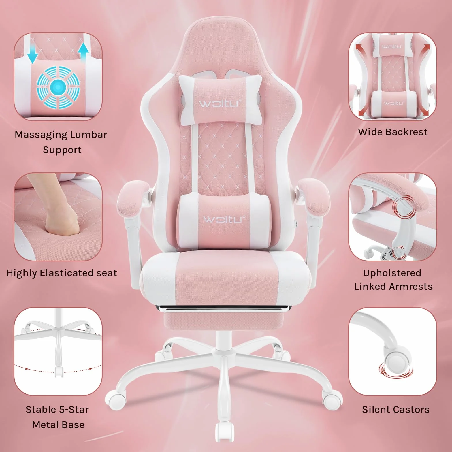 WOLTU Silla de Gaming Ergonómica, Soporte Lumbar Masaje, Reposapiés Extraíble, 150 kg, Malla, Rosa+Blanco