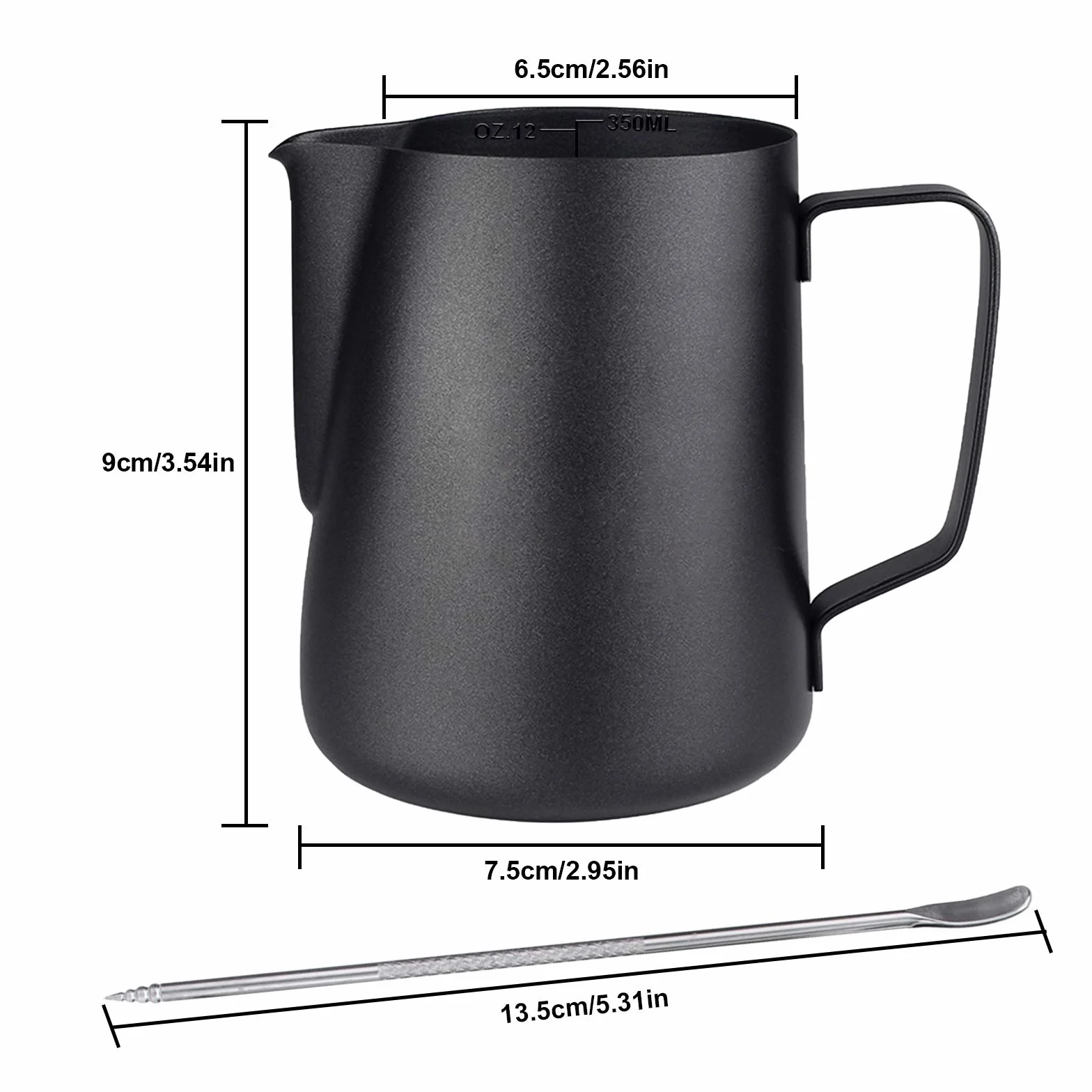 Jarra para Leche Acero Inoxidable Negro 350ml Taza de Café Espumar con Marca de Medición para Barista