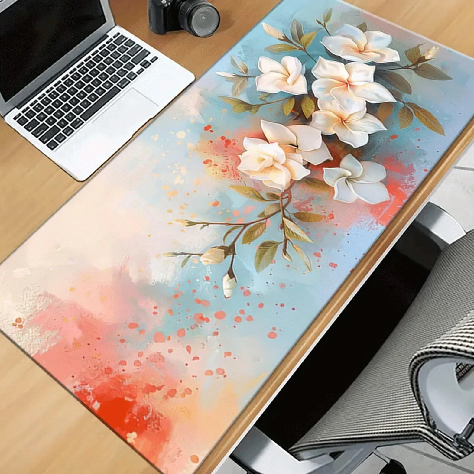 Alfombrilla de Ratón XXL 1000x500x3mm, Alfombrilla de Escritorio Grande Flores Blancas, Mouse Pad Gaming Antideslizante con Bordes Cosidos para Teclado, PC y Oficina