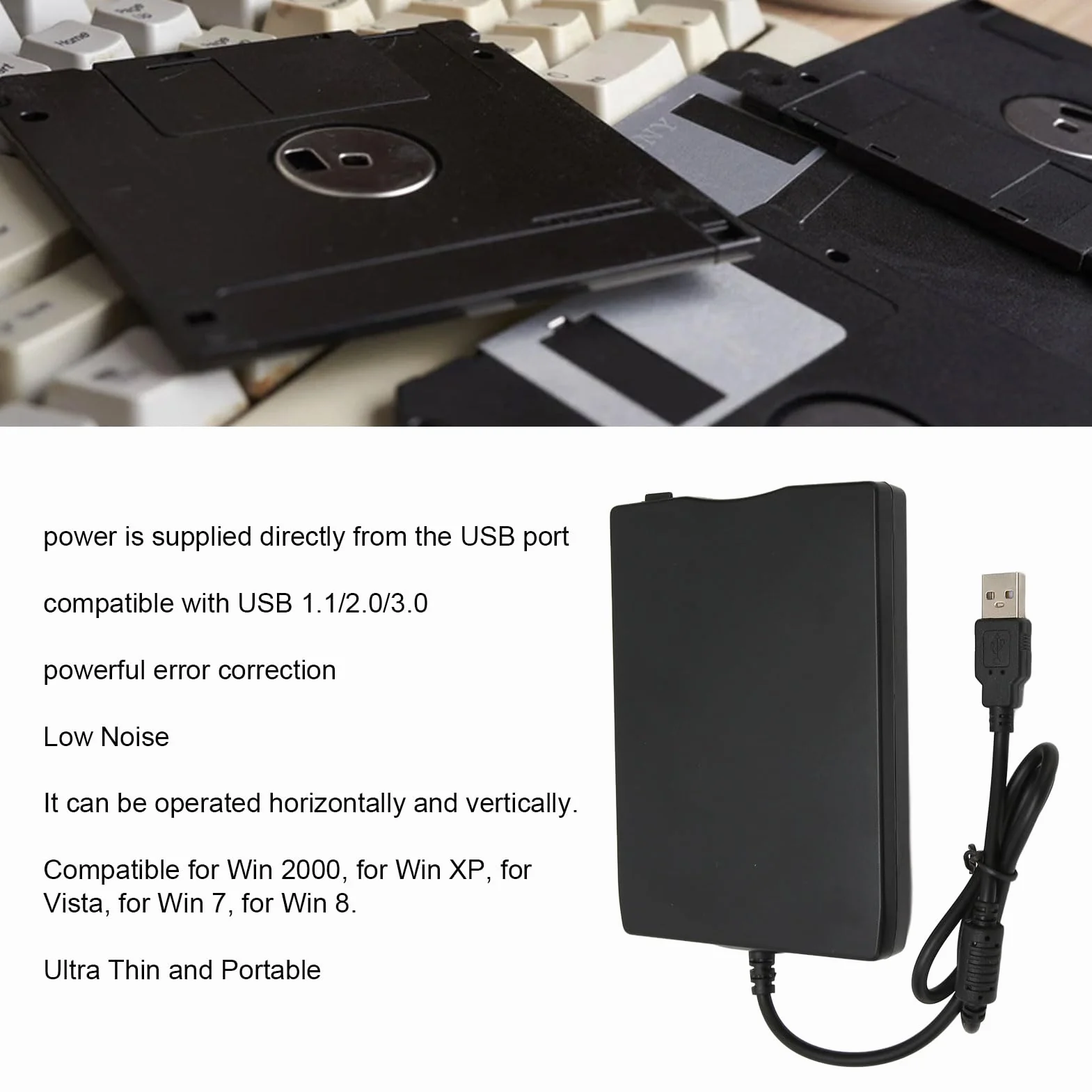 Ejoyous Lector de disquetes, unidad de disquete externa USB de 3.5 pulgadas, 1.44 MB/2 HD, compatible con XP Vista 2000/7/10
