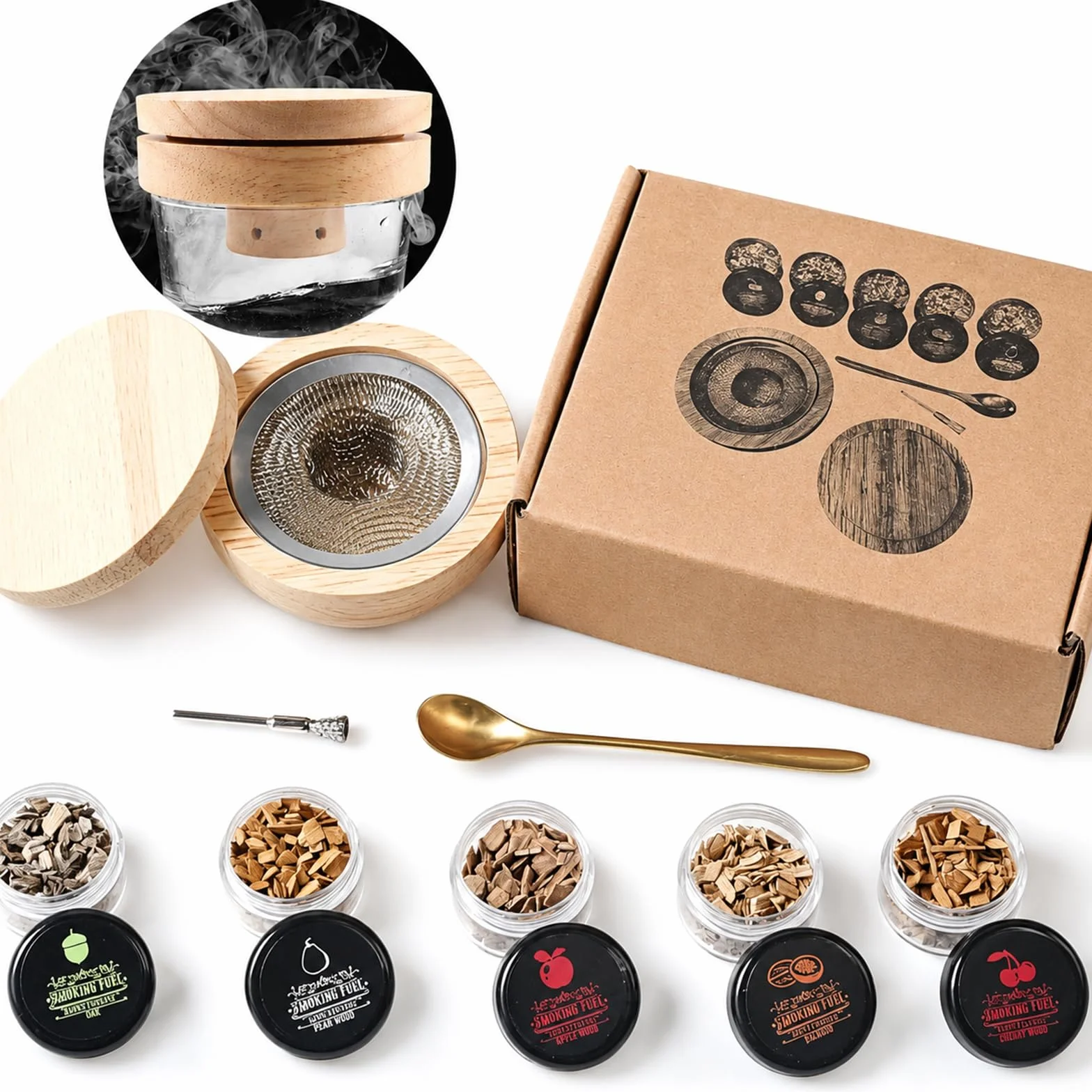 Kit de Ahumador de Cócteles, Whisky Ahumador con 5 Sabores de Madera, Generador de Humo para Cócteles