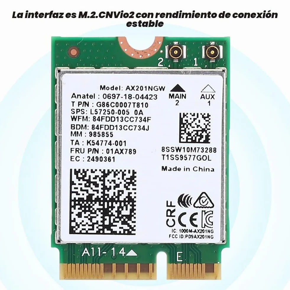 Annadue Tarjeta WiFi AX201NGW, Tarjeta Inalámbrica WiFi 6 para 10 X 64 bits, Tarjeta de Red Inalámbrica Bluetooth 5.2 con Interfaz 6 Gigabit 2400M M.2.CNVio2