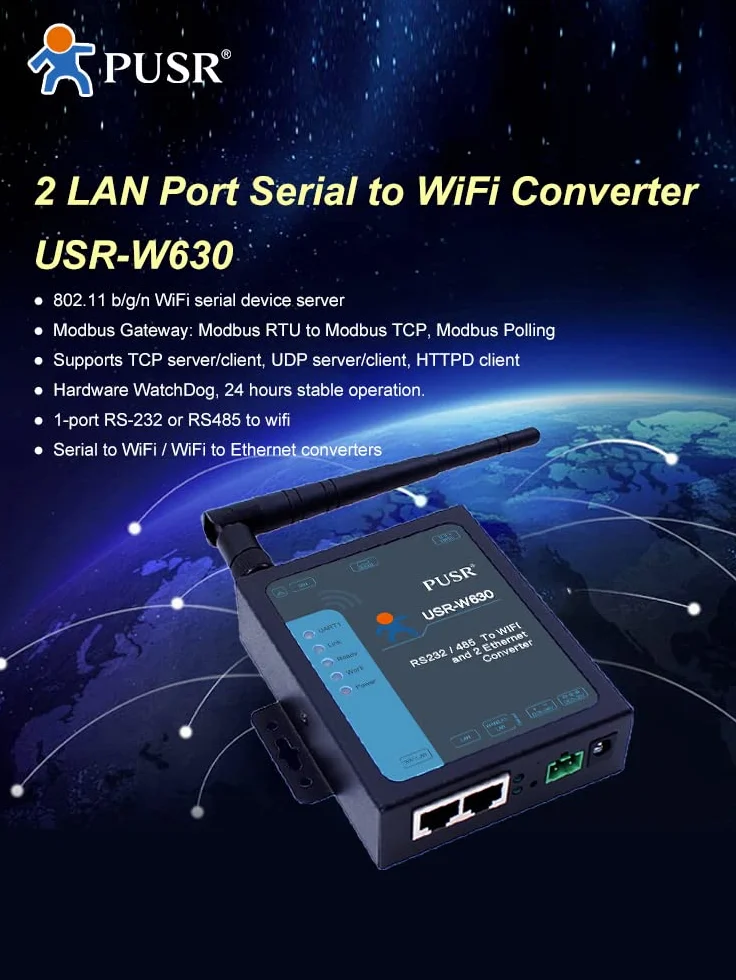 Industrial WiFi a 2 Puertos Ethernet a Serie convertidor apoyar modbus RTU a TCP rs232 rs485 a Servidor ethernet WiFi USR-W630