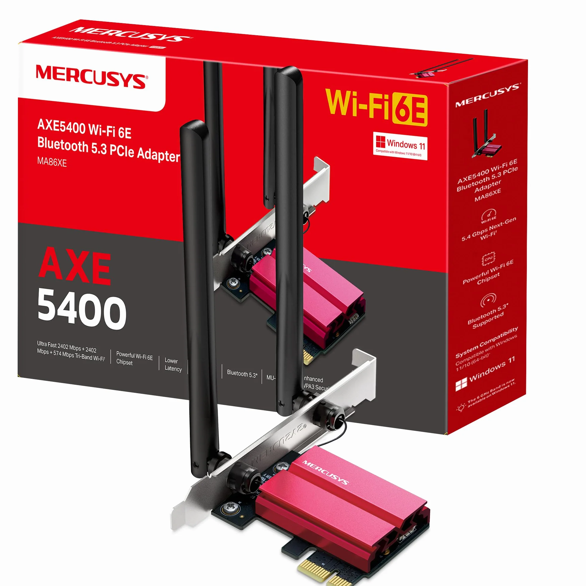 [Nuevo] MERCUSYS MA86XE- Tarjeta de Red PCLe AXE5400, Wi-Fi 6E con Bluetooth 5.2, Triple Banda, 6GHz/5GHz/2.4GHz,Compatible con Windows 11 y 10,MU-MIMO,OFDMA, estándar de cifrado WPA3