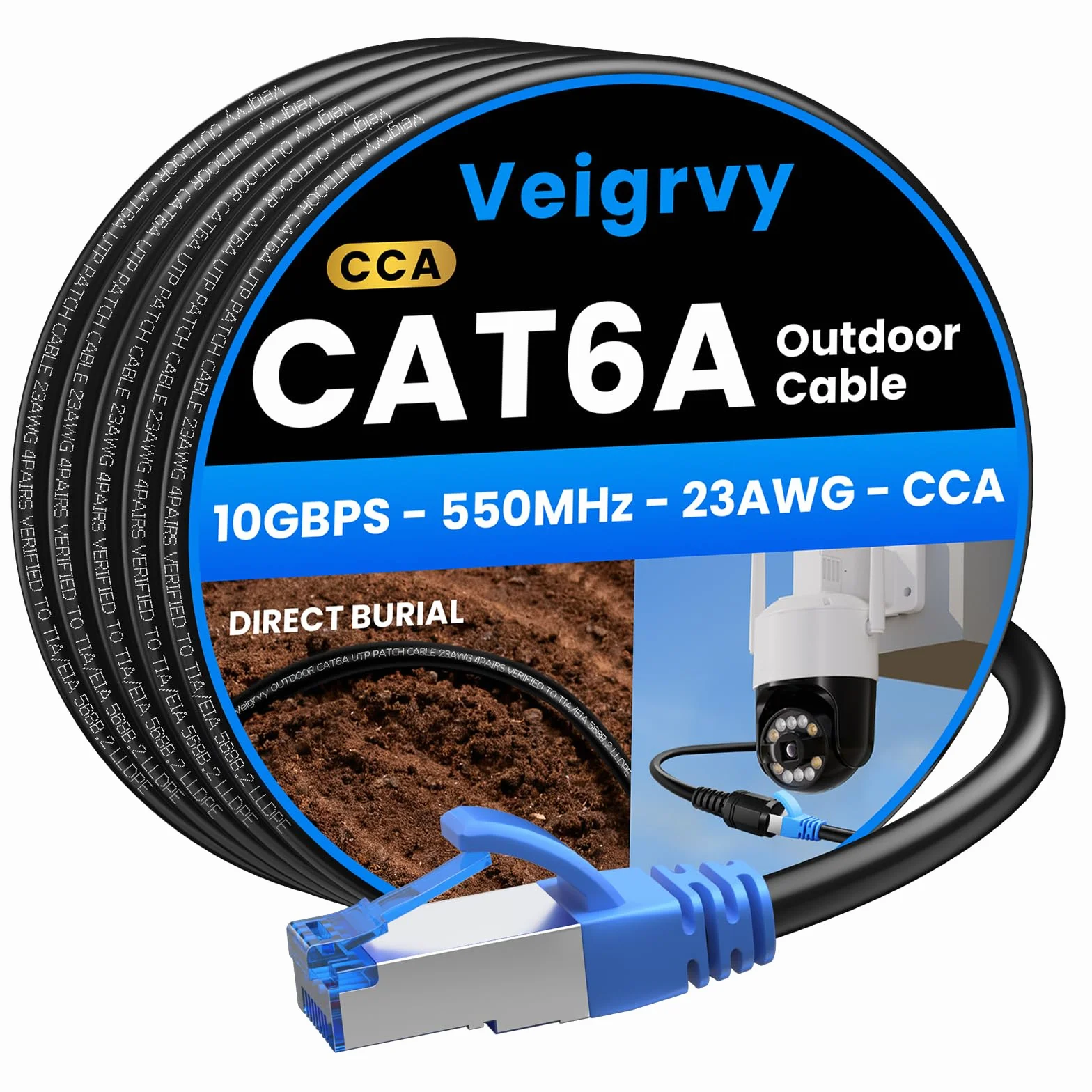 Cable Ethernet Cat 6A 25Metros Exterior, Entierro Directo Cubierta Impermeable para LLDPE, Alta Velocidad 23AWG 10Gbps Cable LAN de red Gigabit, CCA, UTP, 550MHz con 20 Ataduras, Negro