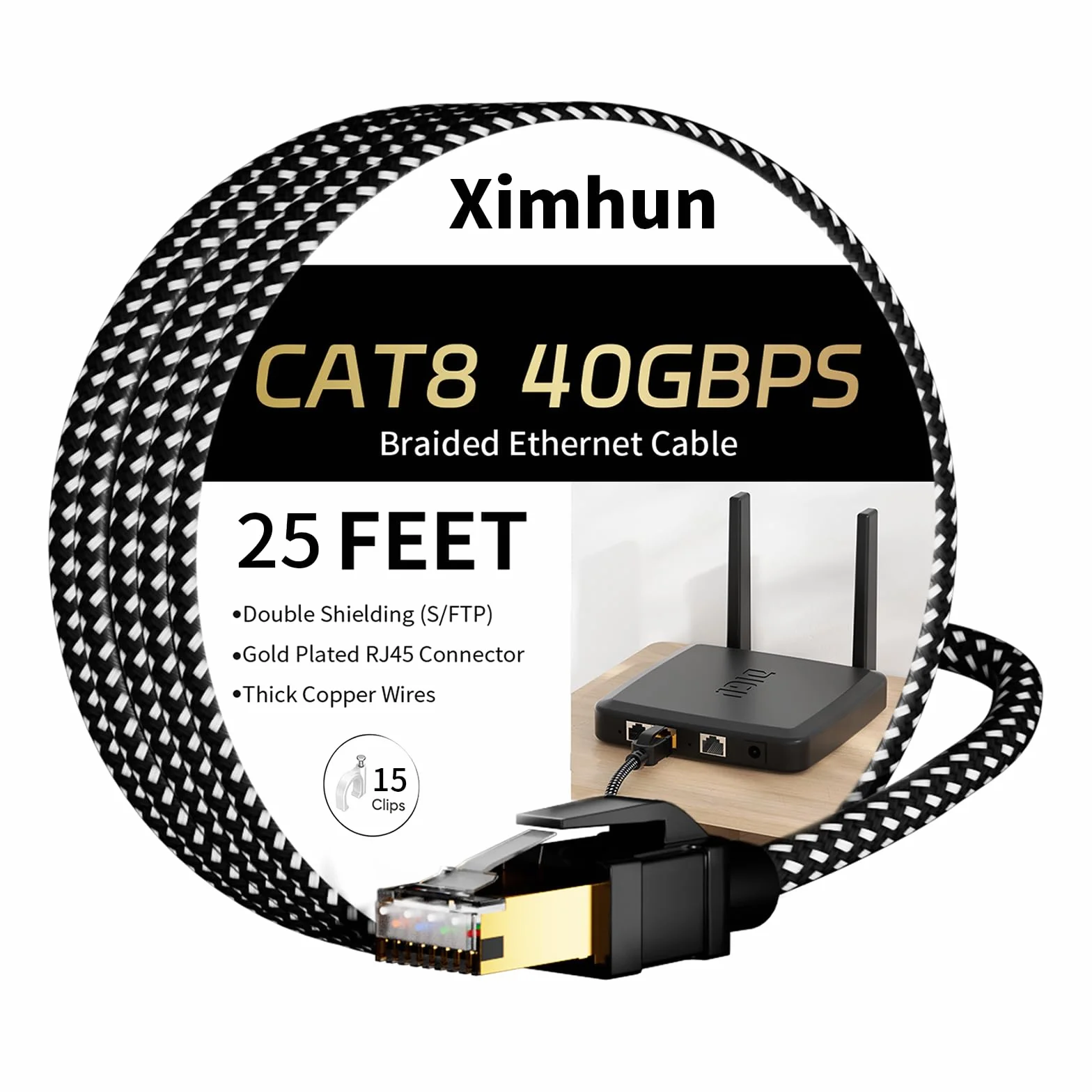 Cable Ethernet redondo Cat8 de 25 pies, cable Ethernet de red de Internet de alta velocidad resistente para interiores y exteriores