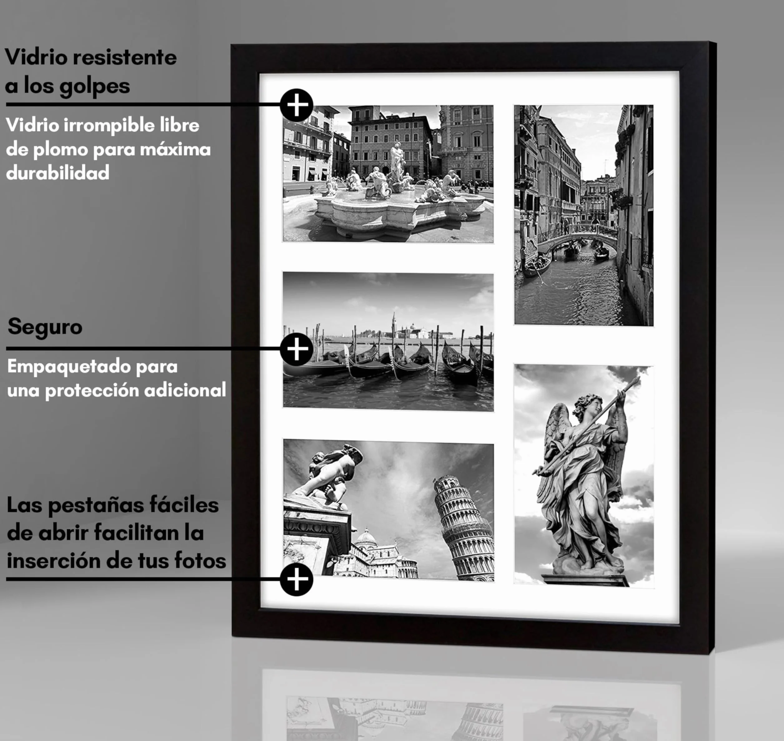 Americanflat Portafotos Multiple 28x36 cm Negro - Marco de Fotos 10x15 cm para 5 Fotos - MDF con Vidrio