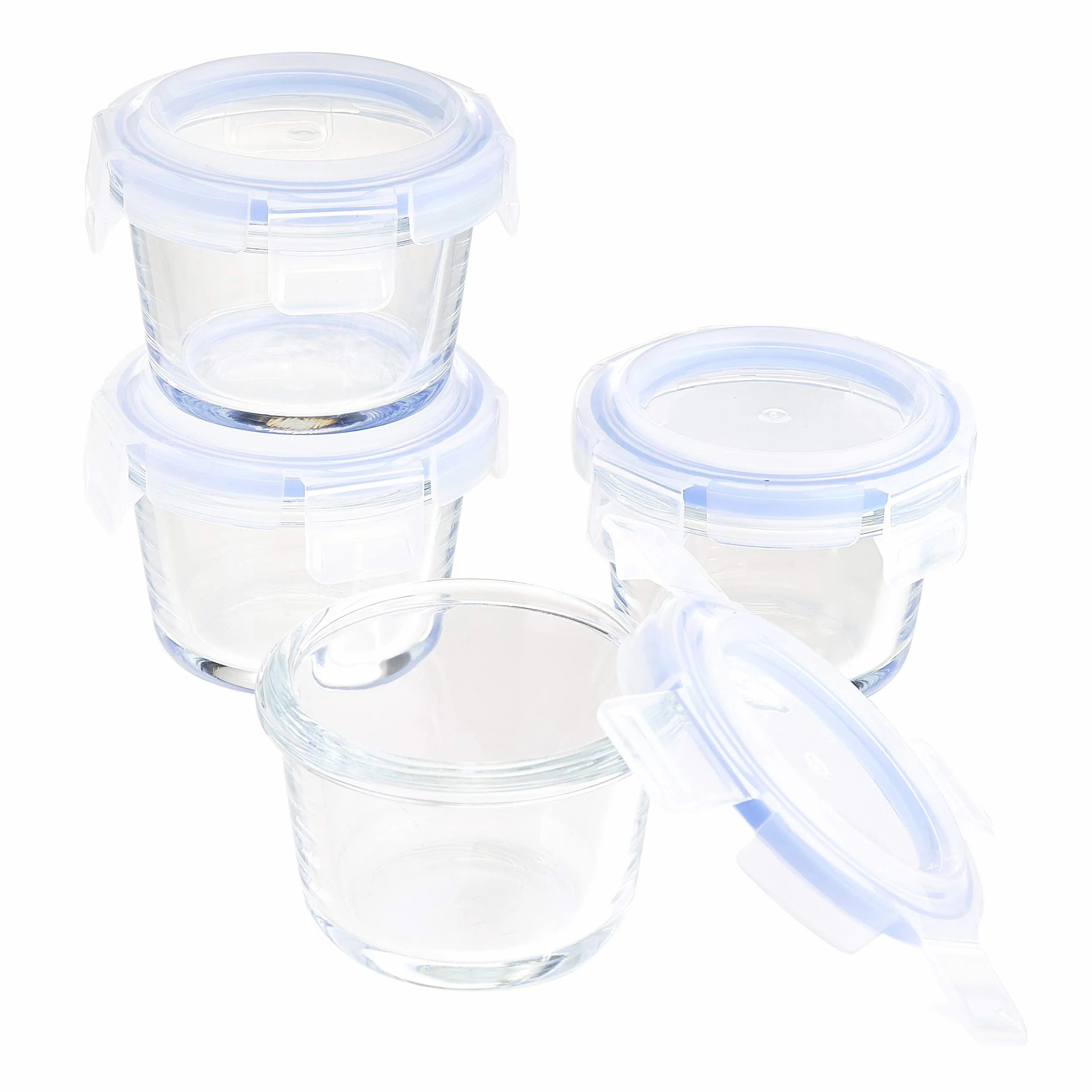 Amazon Basics ABL001 Pojemnik szklany przezroczysty z niebieską pokrywką 120 ml, 4 sztuki