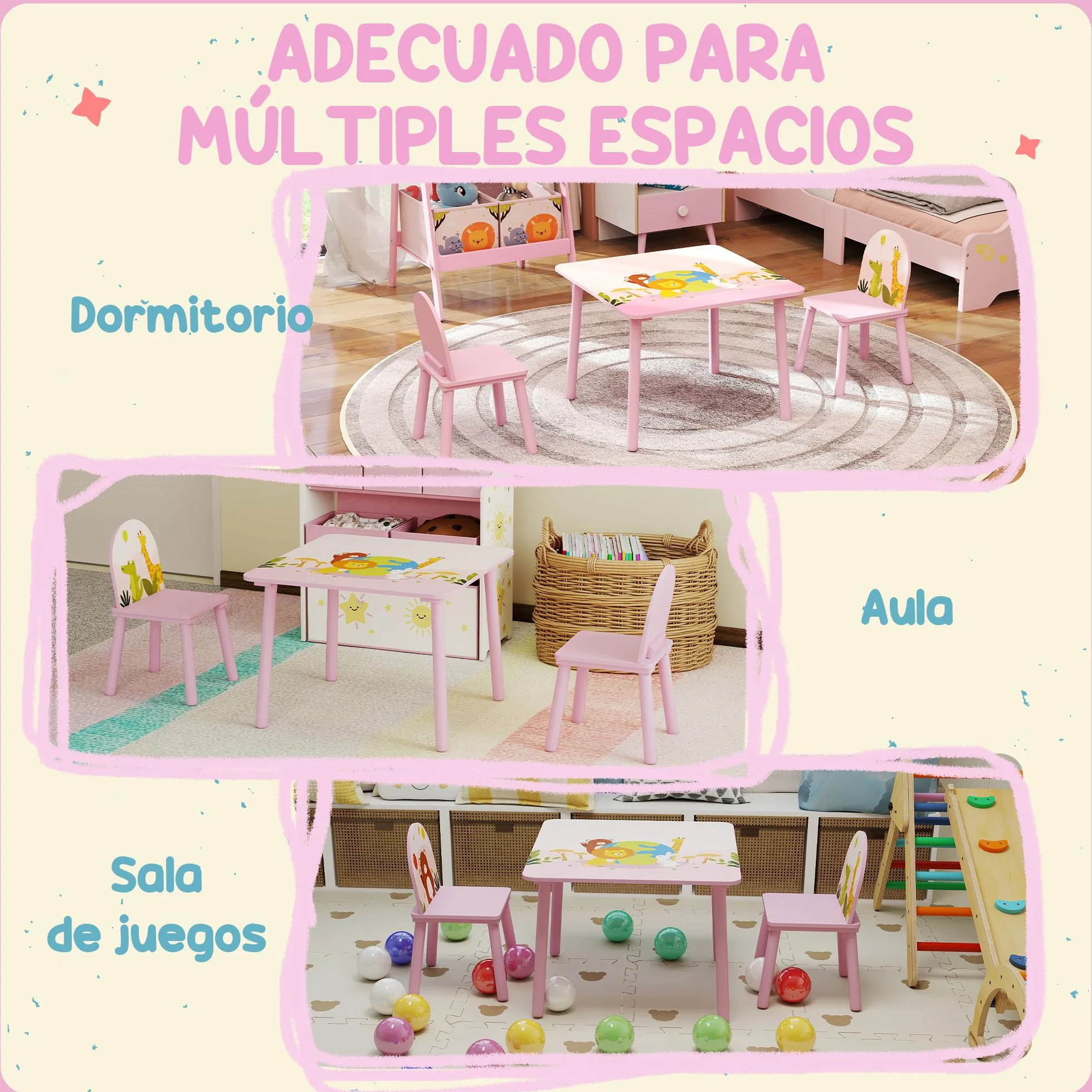 AIYAPLAY Mesa Infantil con 2 Sillas, Estampados de Animales, para Niños 3-8 Años, Hogar, Guardería, Rosa