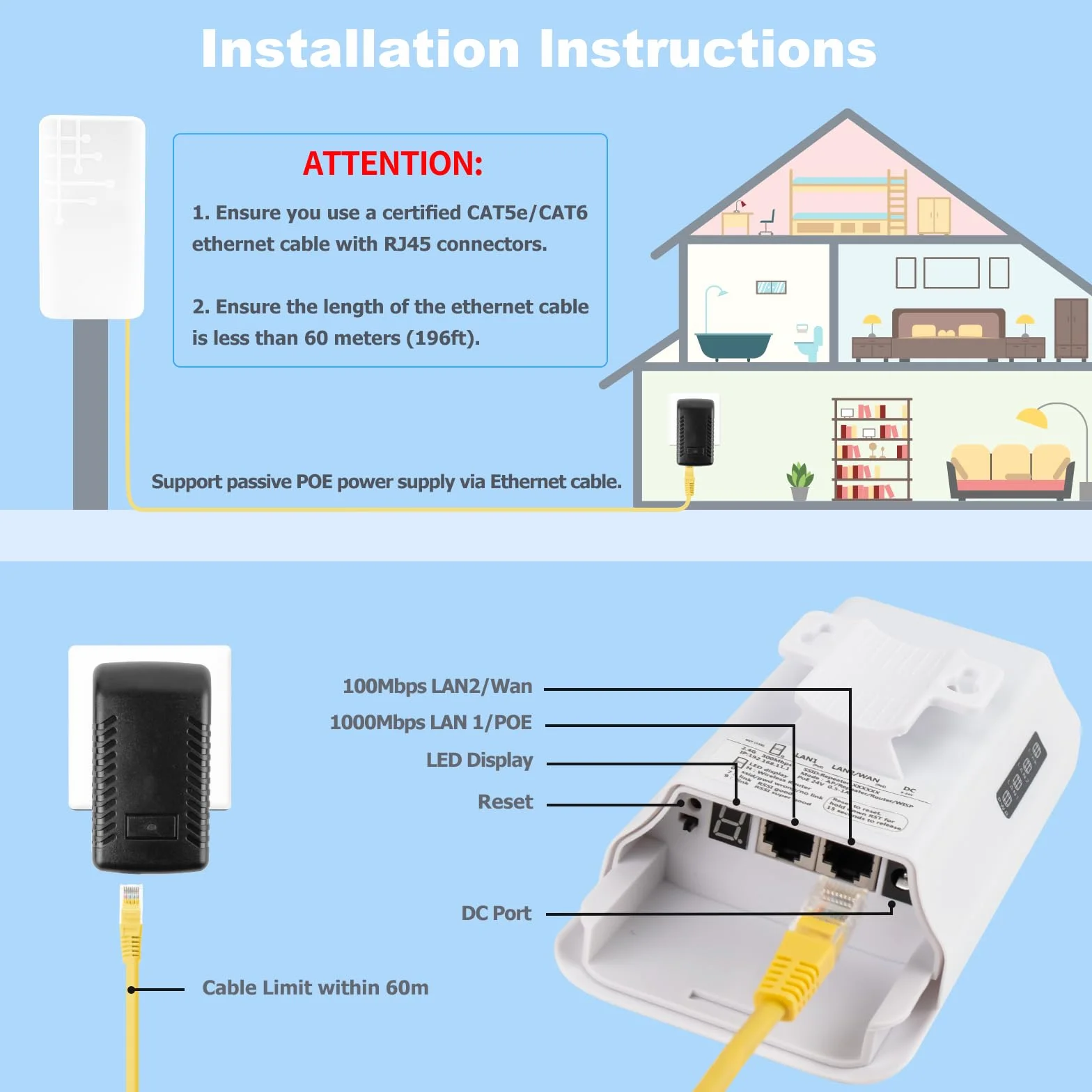 Repetidor WiFi Exterior, 300M Amplificador WiFi para Exteriores, Resistente IP65, WiFi Repetidor Jardín con Conexión LAN, 12 dBi Antena Oculta Integrada, Repeater/Ap/Router Modo
