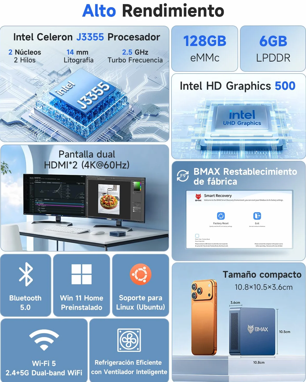 BMAX B1Plus Mini PC Win 11, Intel Celeron J3355(hasta 2,5 GHz) 6 GB LPDDR3, 128 GB eMMC SSD, Mini Ordenador de Sobremesa, Micro PC,WiFi 5, BT5.0, 4K@60HZ UHD Dual Display para Oficina