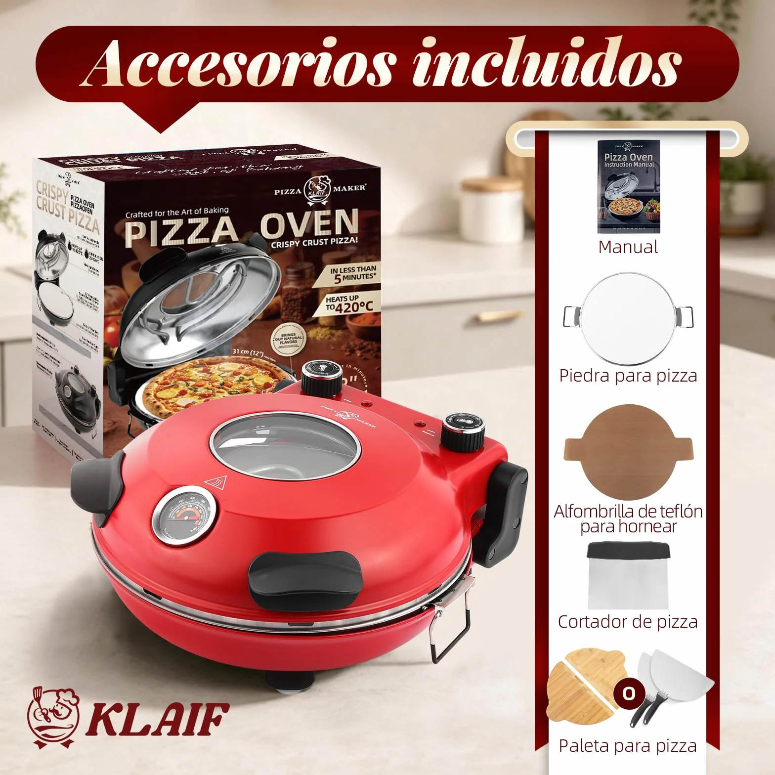 KLAIF Horno eléctrico para pizza 31 cm con piedra de cerámica, controles de temperatura ajustables, 4 herramientas, rojo