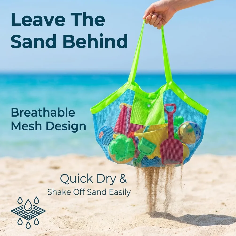 Bolsa de playa grande 45 x 45 x 30 cm malla para juguetes almacenamiento plegable secado rápido