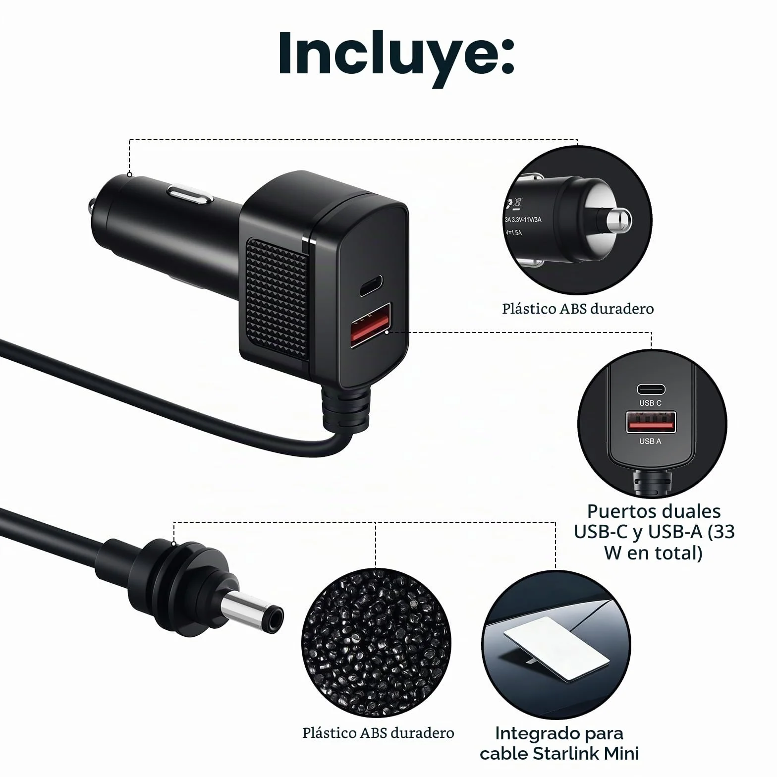 Adaptador de Coche para Starlink Mini de MMOBIEL – Cargador USB de Encendedor 12V–24V DC – Cable Resistente de 3M (60W), Puertos Dobles USB-C y A (33W), Pantalla LCD de Voltaje – para Vehículos