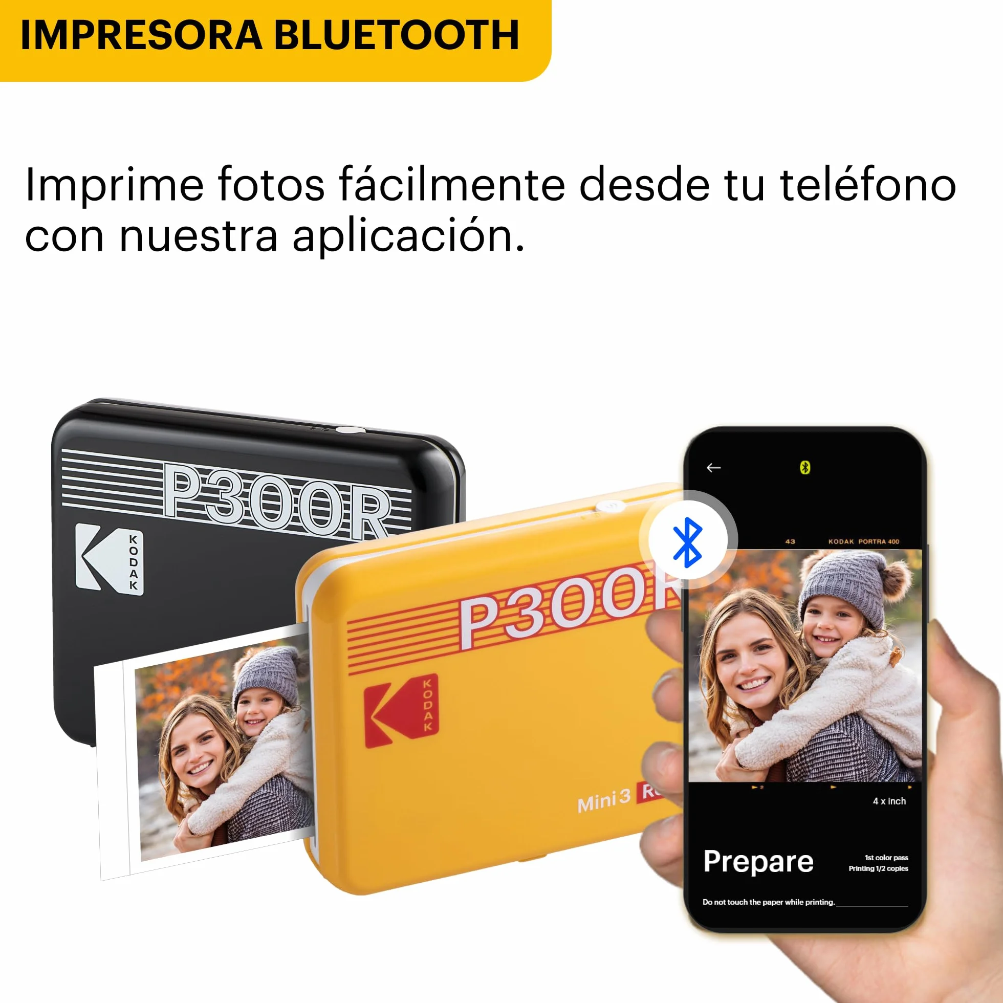 KODAK Mini 3 Retro 4PASS Impresora de Fotos Portátil (7,6x7,6cm) + 8 Hojas, Amarillo