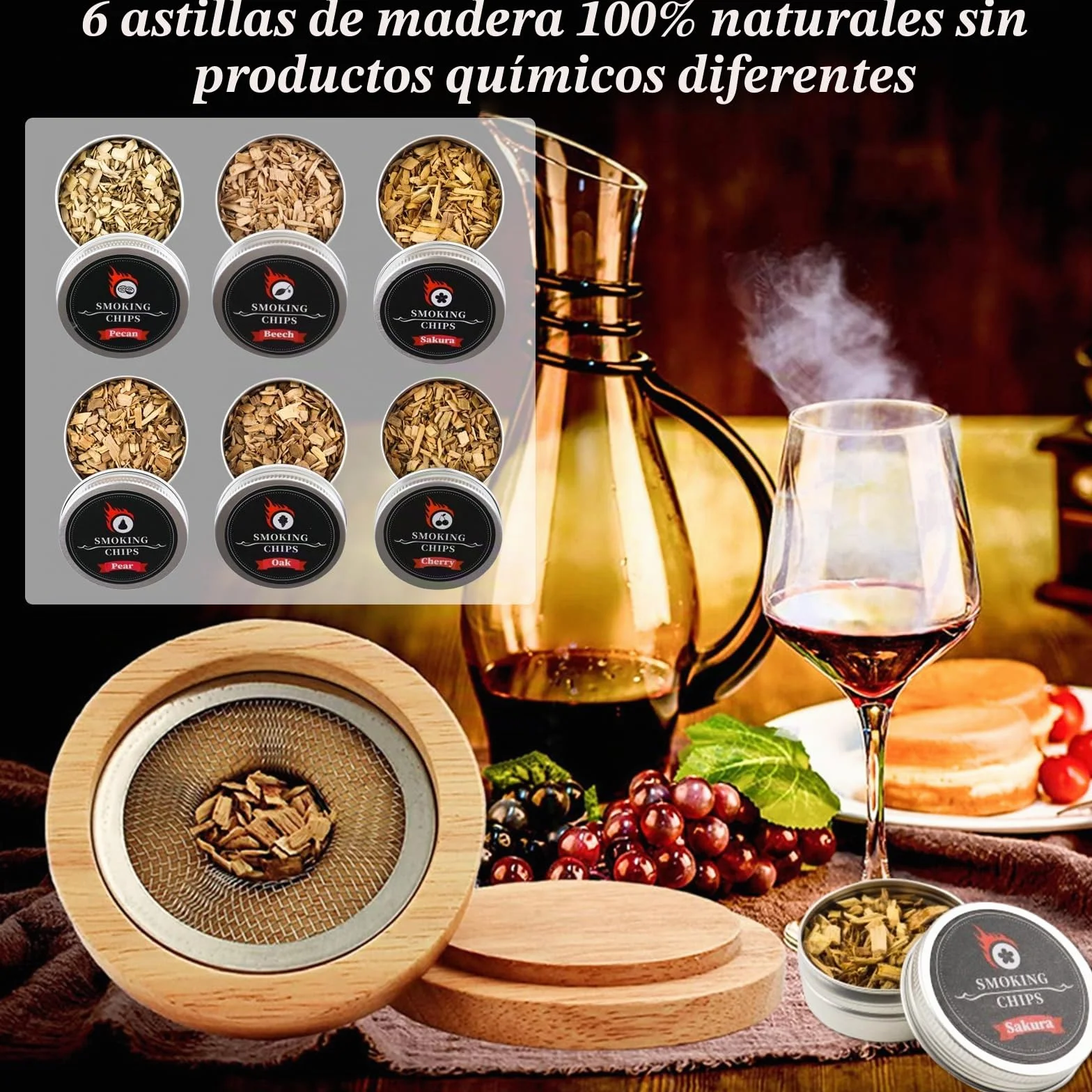 Kit Ahumador para Cócteles con 6 Virutas de Madera, Accesorios para Whisky
