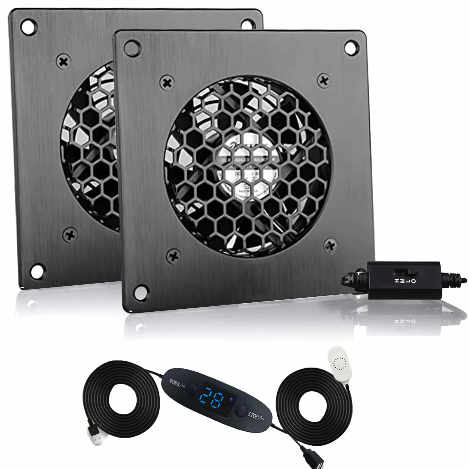 Ventilador USB de 80 mm, pantalla digital, regulación de temperatura, sistema de ventilador silencioso, ventilador de 5 V, juego 2 en 1, con marco de aluminio negro para armario de cine en
