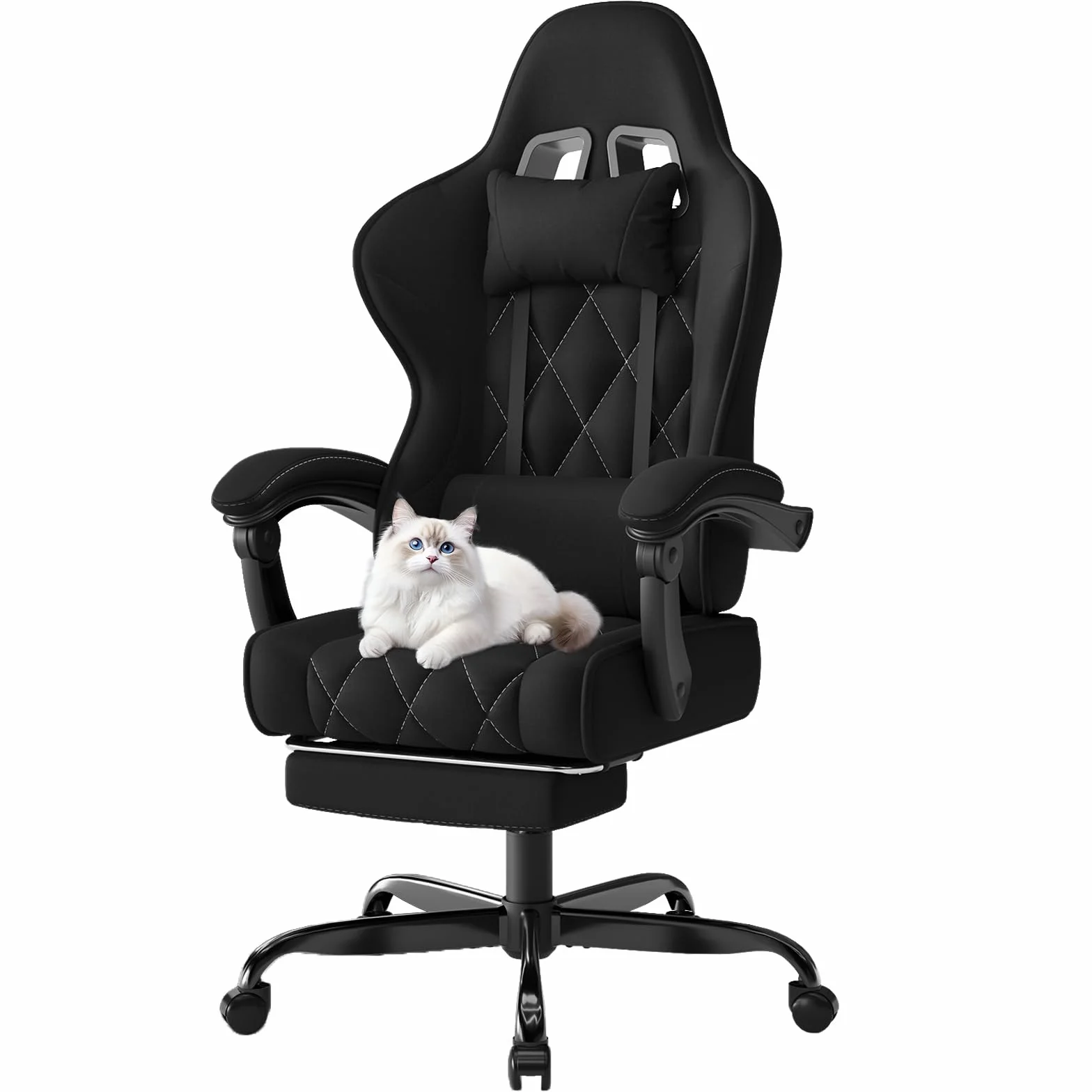 Devoko Silla Gaming Ergonómica de Tela Transpirable con Masaje Lumbar y Reposapiés Retráctil, Reclinable, 150 kg, Negro