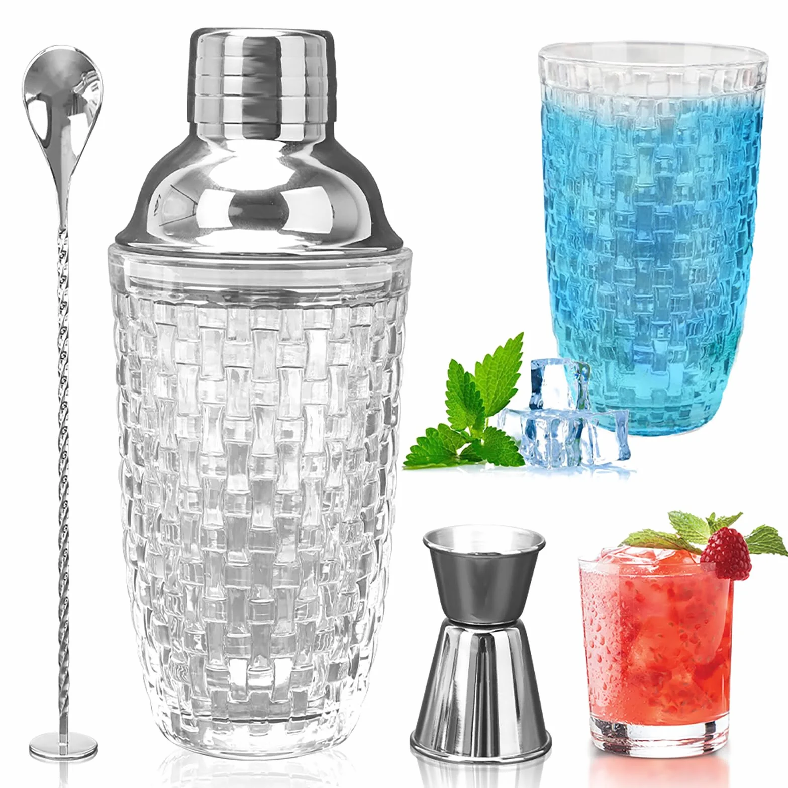 Coctelera de cristal, juego de coctelera de 400 ml, mezclador de cristal con vaso medidor de acero inoxidable y pala, coctelera para el hogar, bar, vino, zumos de frutas mixtas, bebidas, plata