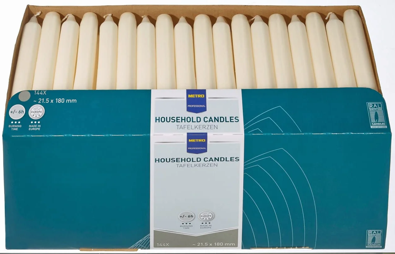 "METRO Professional Velas alargadas, 30 uds., parafina, Ø 21.5 x 180 mm, combustión aprox. 6h, para hogar y gastronomía, beige"