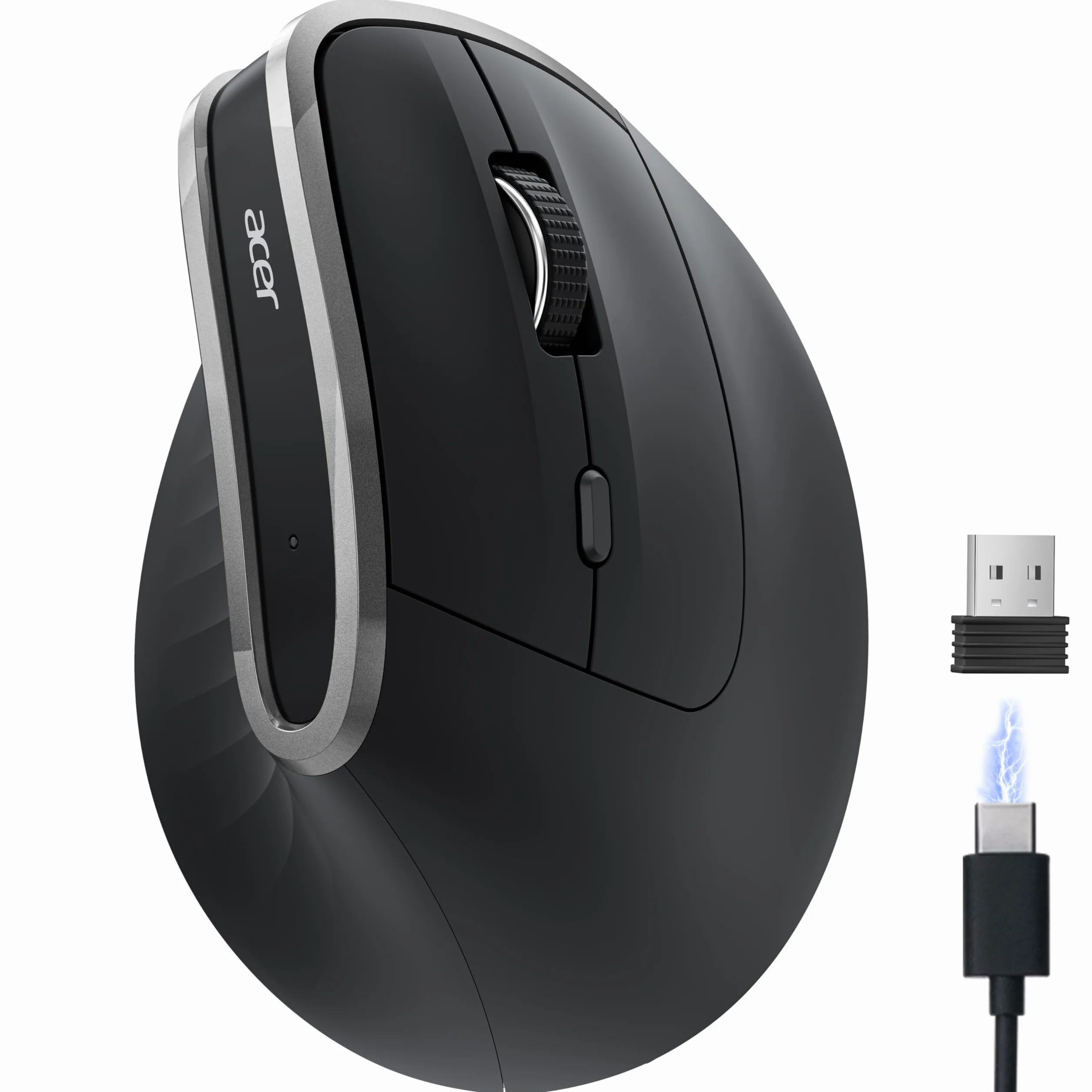 Acer Ratón Ergonómico 2.4G, Ratón Vertical Inalámbrico 1600 dpi | Wireless Mouse Recargable con Receptor USB-A para PC y Portátiles, Compatible con Windows, macOS, Linux, etc.