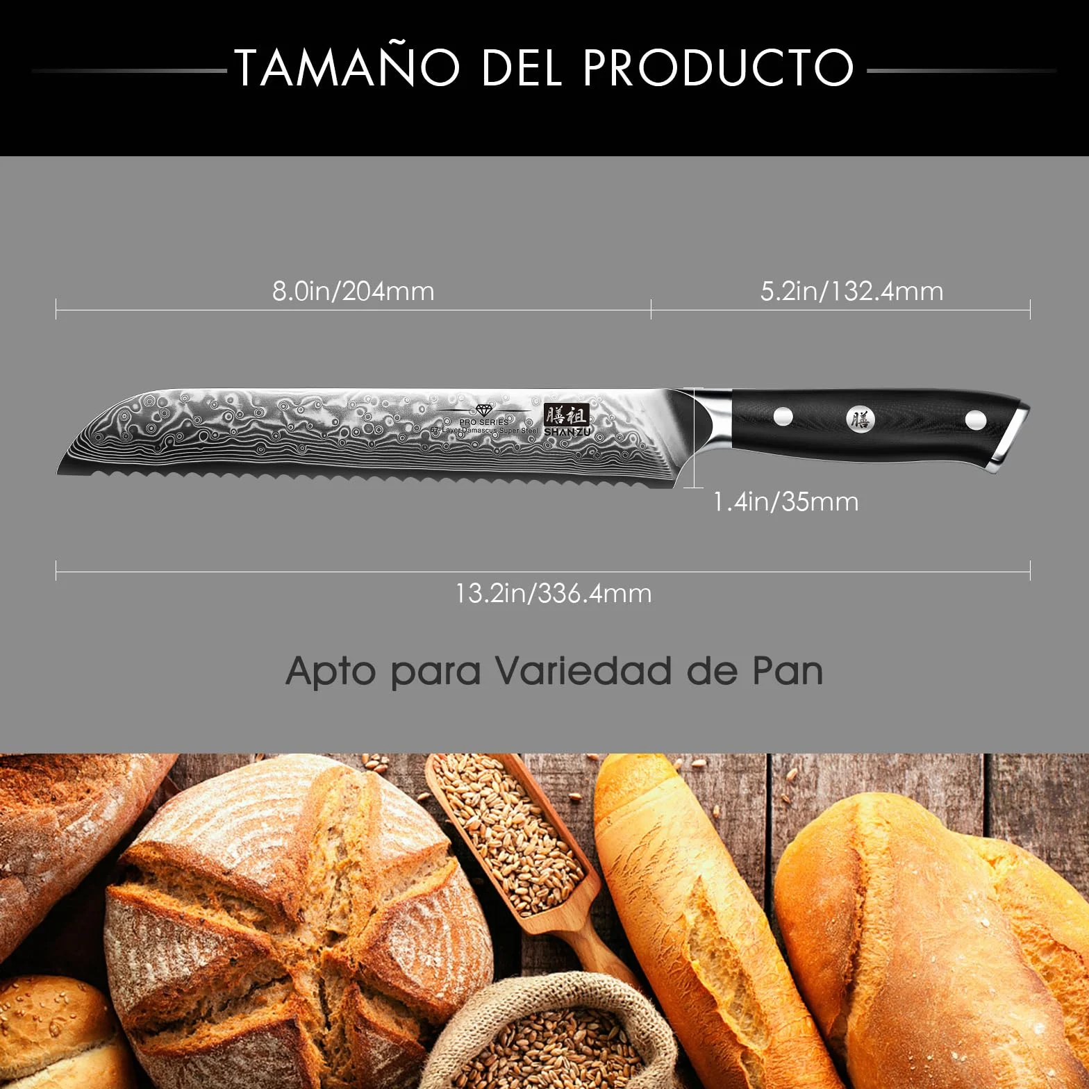 SHAN ZU Cuchillo Panero Damasco 10Cr15MOV 67 Capas Hoja Dentada Acero Mango G10 PRO Series