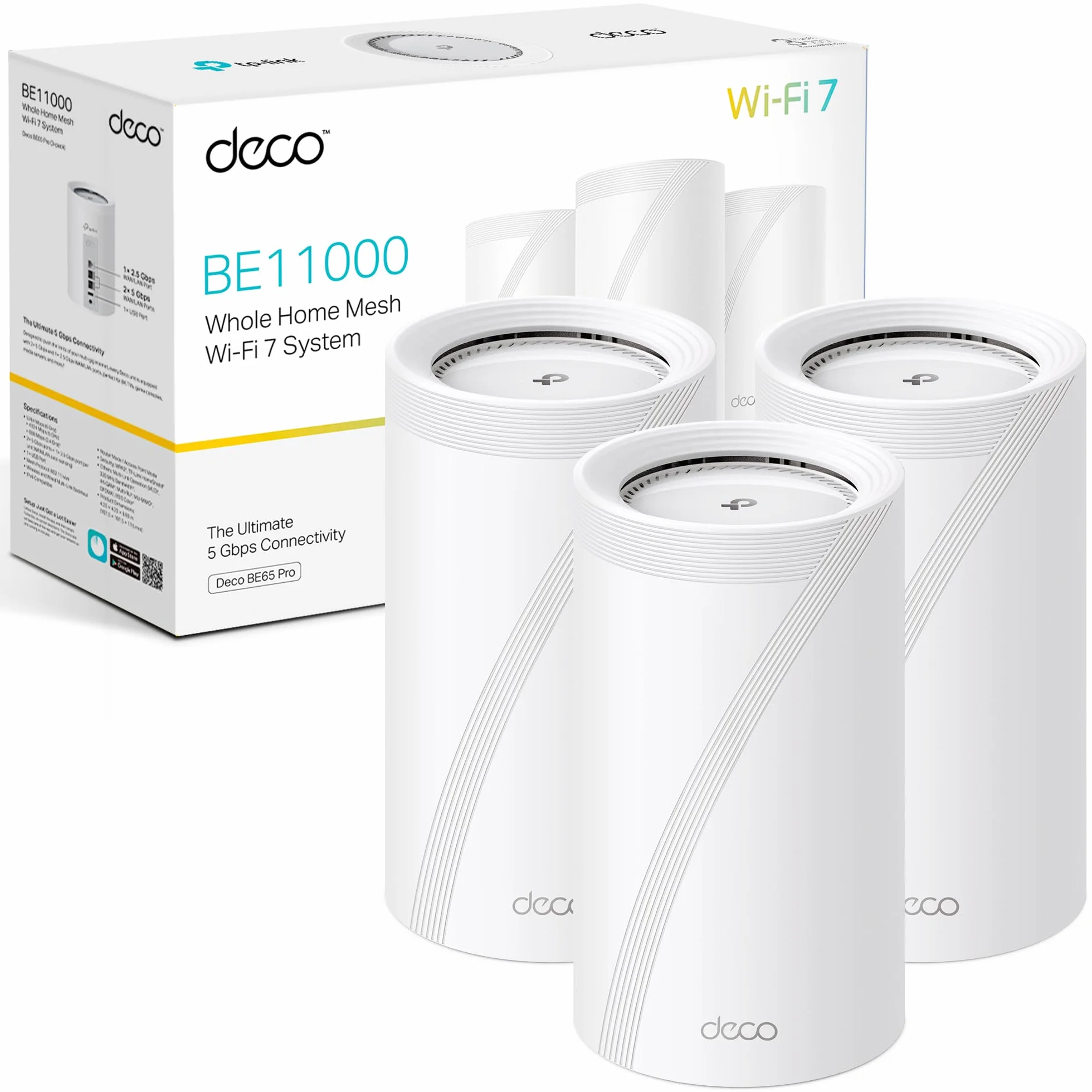 TP-Link Deco BE65 Pro (3 Pack) - Sistema Wi-Fi 7 Mesh, BE9300 Mbps, Tri-Banda, Canales de 320 MHz, Puertos de 2.5Gbps, HomeShield, MLO, Funciona con Cualquier Router, 4 Antenas Internas