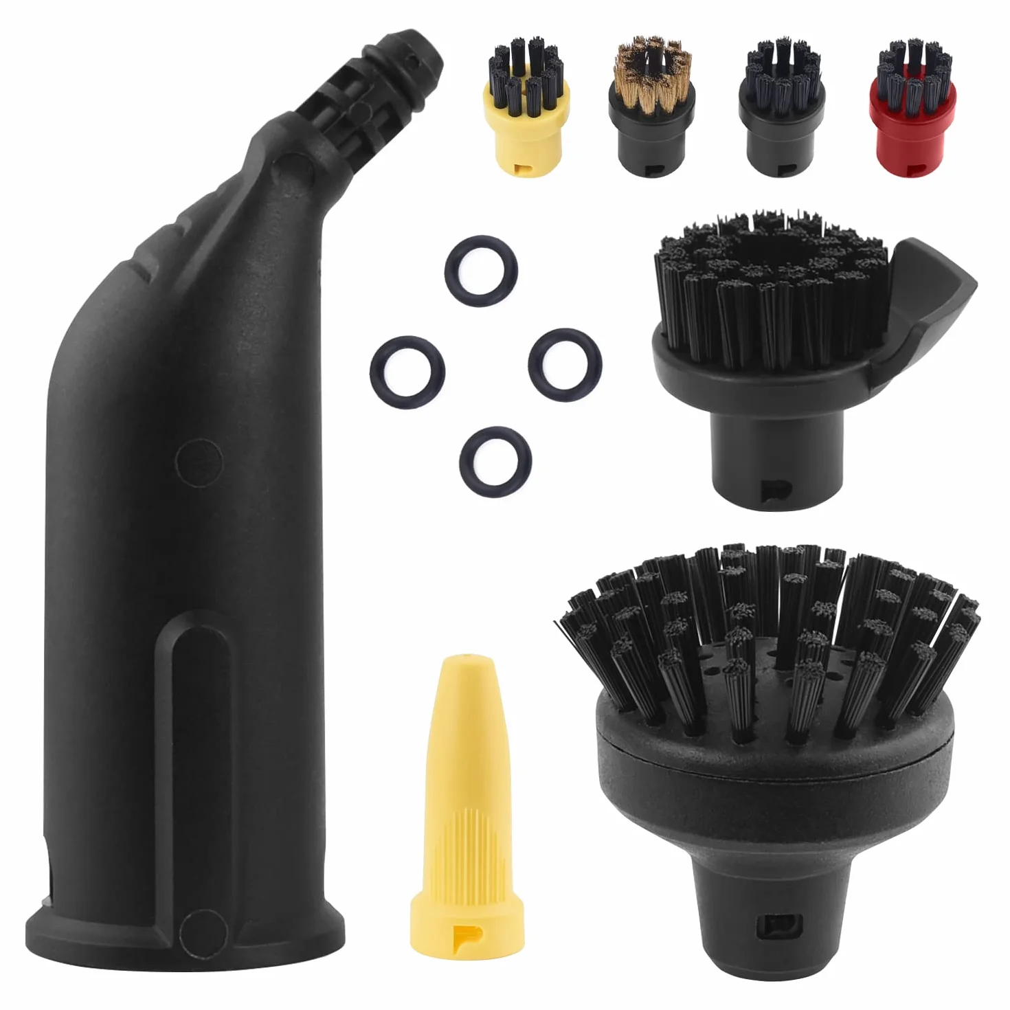 Wiseten Juego de Cepillos Redondos y Boquilla Accesorios para Limpiador a Vapor Kärcher SC1 SC2 SC3 SC4 SC5, Boquilla Extendida Negra, Cepillo Repuestos con 4 Cepillos Redondos Pequeños