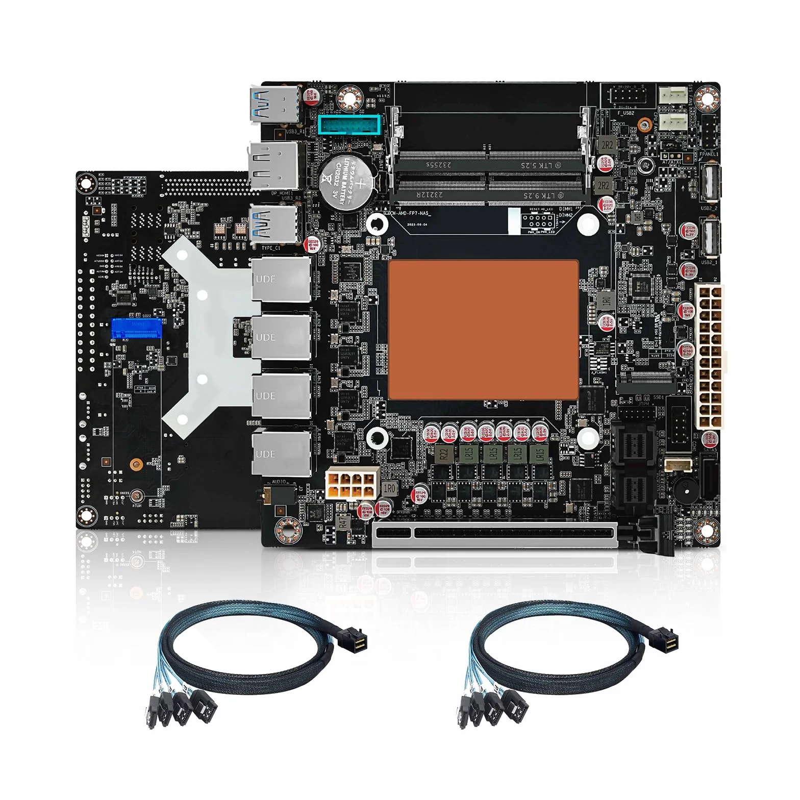 NAS Motherboard 9 Bay, Ryzen 7 8845HS 8C/16T, 4×i226-V 2.5GbE-UDE LAN, Mini Itx Mainboard PCIe×16, 2×DDR5+2×NVMe Slot, 2×SFF-8643, DP+HD+Type-C, Barebone (2×SATA Cables)
