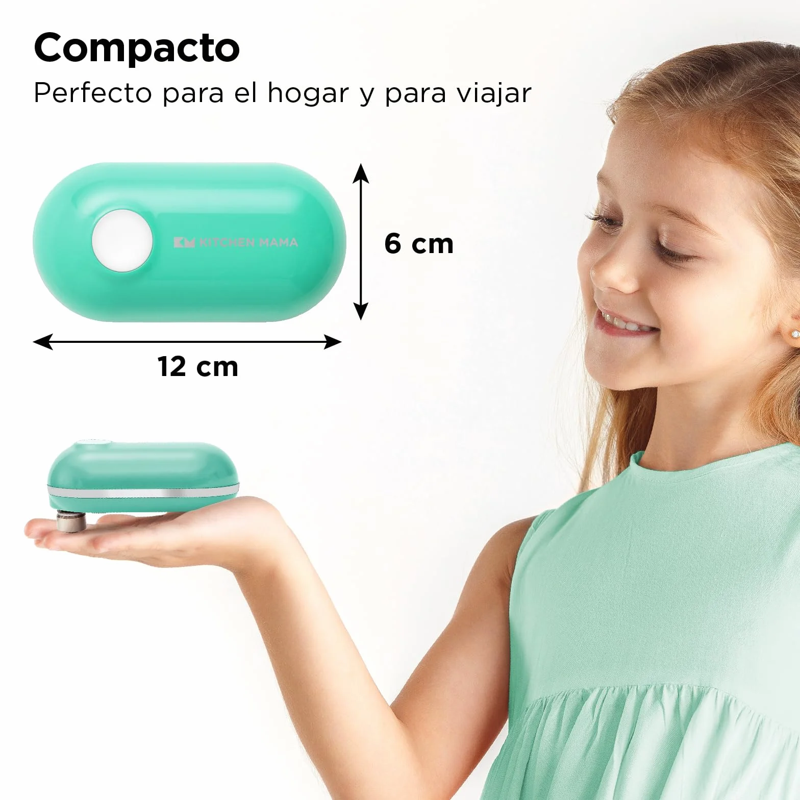 Kitchen Mama Mini Plus Abrelatas eléctrico recargable compacto carga tipo C manos libres apagado automático Verde azulado
