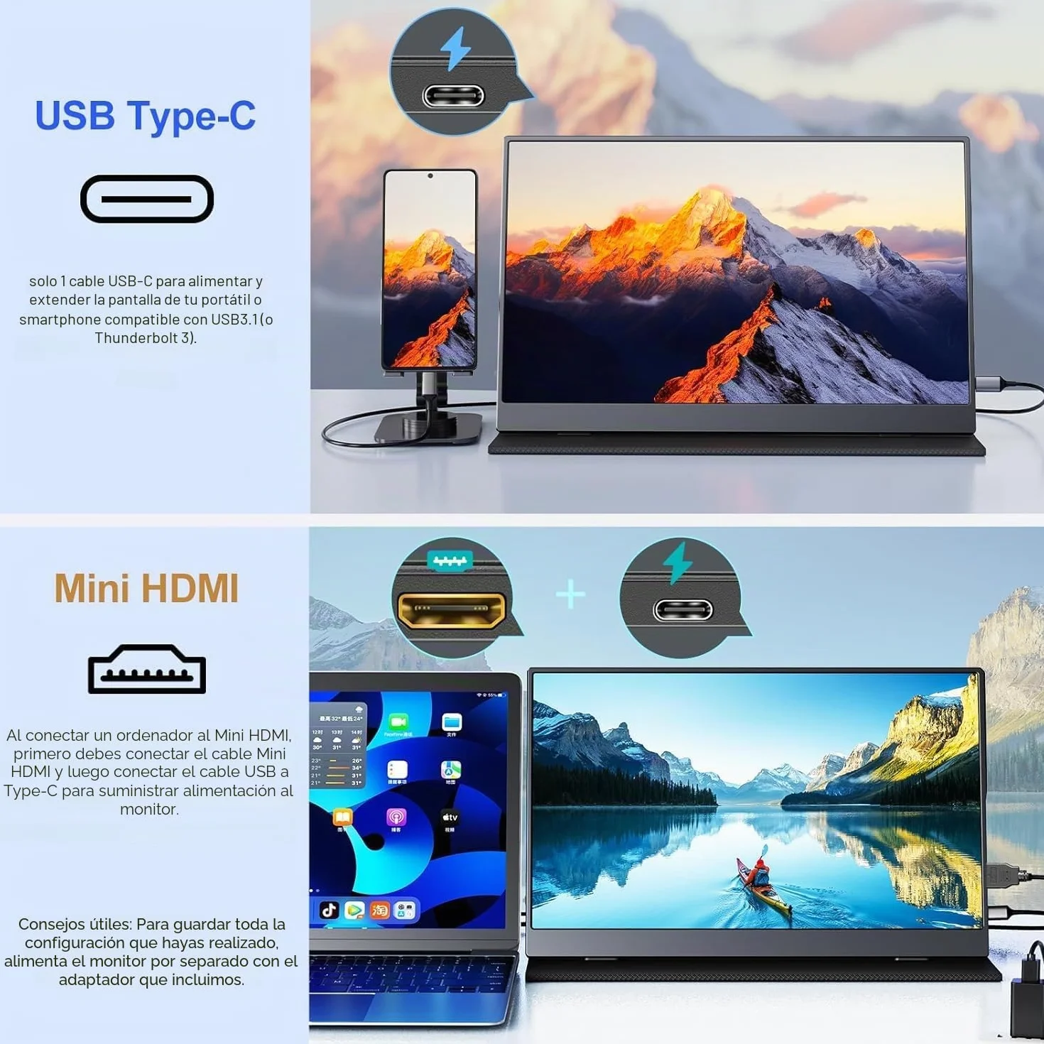 Monitor Portátil 15.6 Pulgadas IPS 1080P FHD con Mini HDMI USB-C para Portátil PS5 Xbox