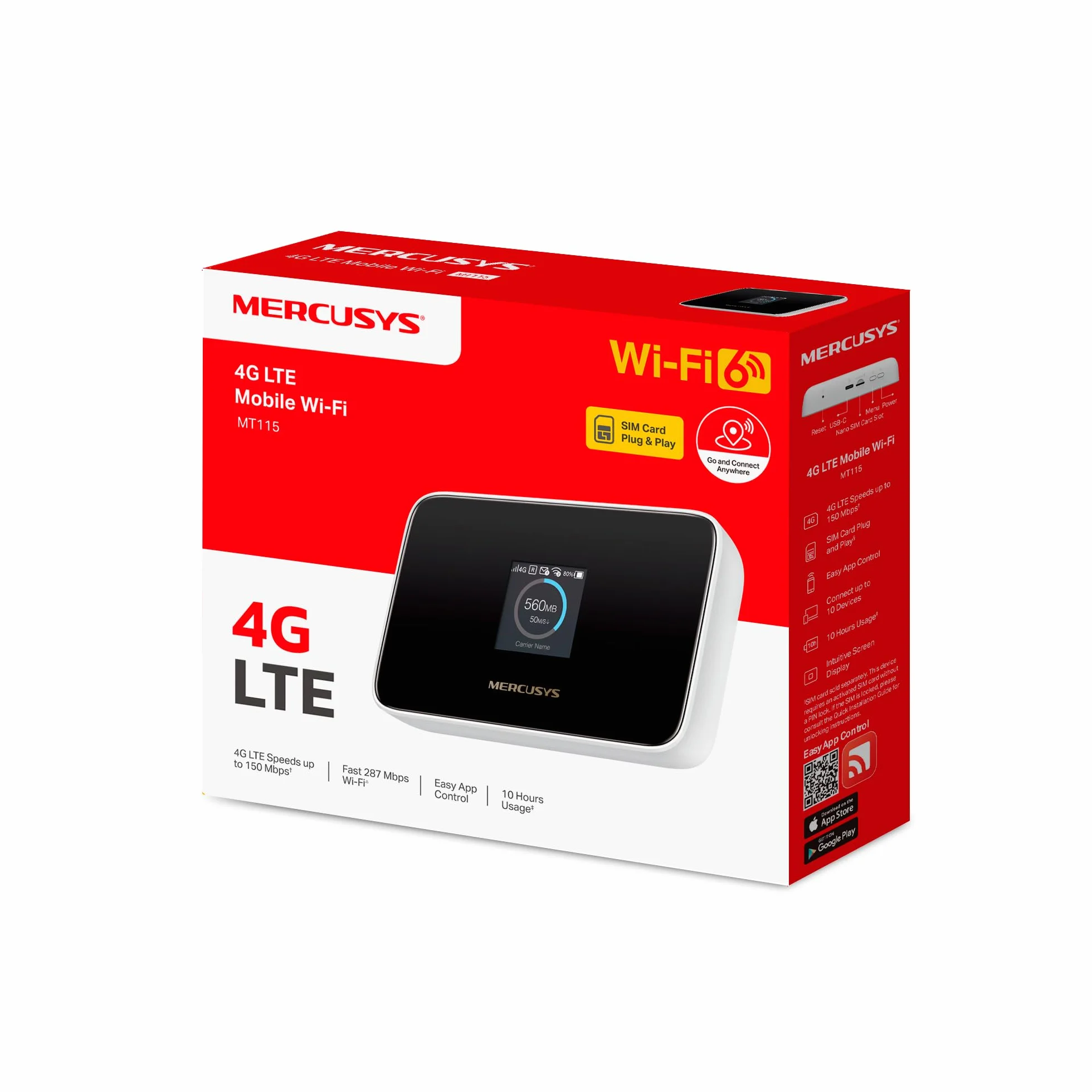 Mercusys MT115 Router WiFi portátil para Viajes con Tarjeta SIM sin Contrato, 4G LTE 150 Mbps, Wi-Fi 6 AX300, hasta 10 Dispositivos, batería de 2400 mAh, hasta 10 Horas de autonomía