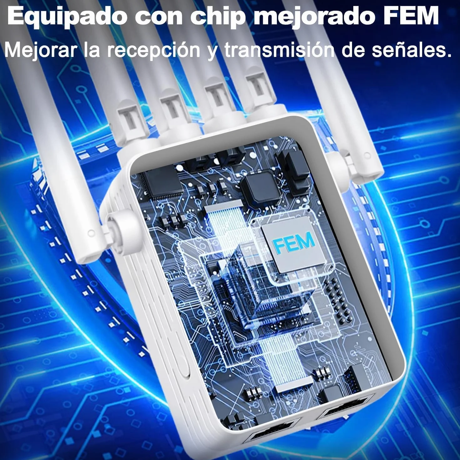 Repetidor WiFi,Amplificador señal WiFi Potente,6 Antenas,2 Puertos LAN,Cobertura Total de 360°,Cobertura de hasta 11800Sq.Ft,repetidor WiFi Largo Alcanc,para oficinas y hogares,Easy Set up