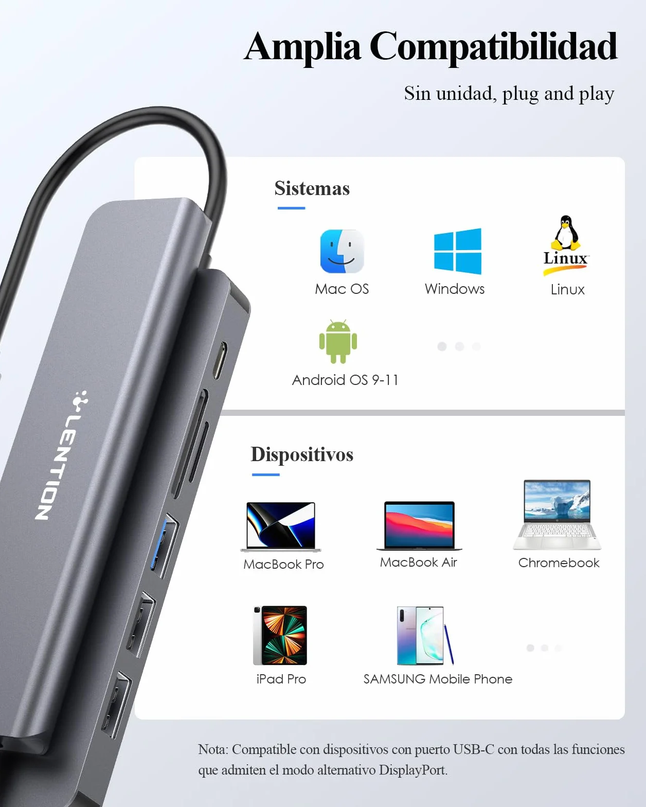 LENTION Hub USB C HDMI 4K@60Hz, PD 100W, USB 3.0 & 2.0 | Lector de Tarjetas SD/TF, Adaptador USB C 7 en 1 para MacBook Pro/Air, Nuevo iPad Pro, Surface y Más (Gris)