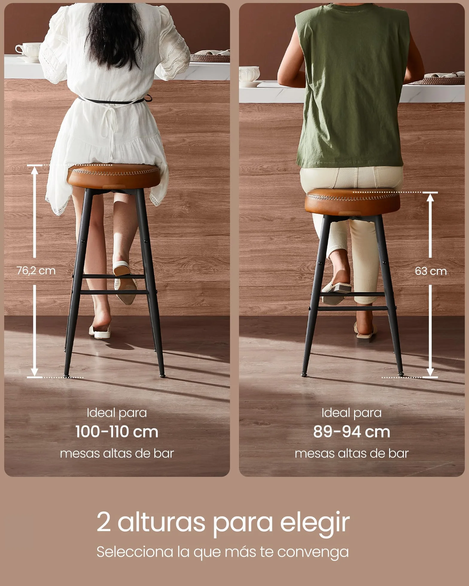 VASAGLE EKHO Colección Juego de 2 Taburetes de Bar, Cuero Sintético, 63 cm Alto, Marrón Caramelo