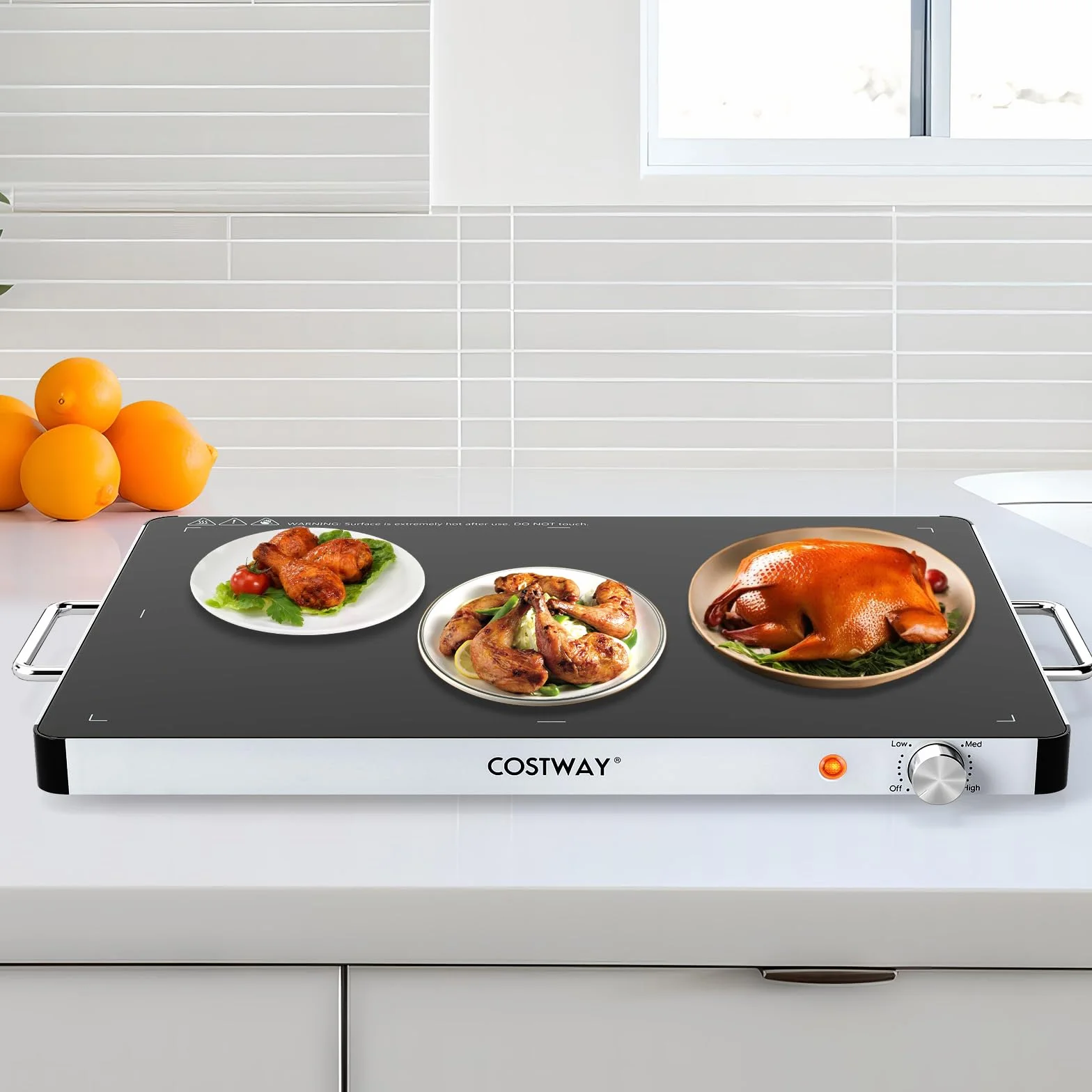 COSTWAY Bandeja Calentadora Eléctrica Vidrio Templado, Placa Calefactora Temperatura Ajustable, Asas Antiescaldaduras Portátil 61x42x4 cm